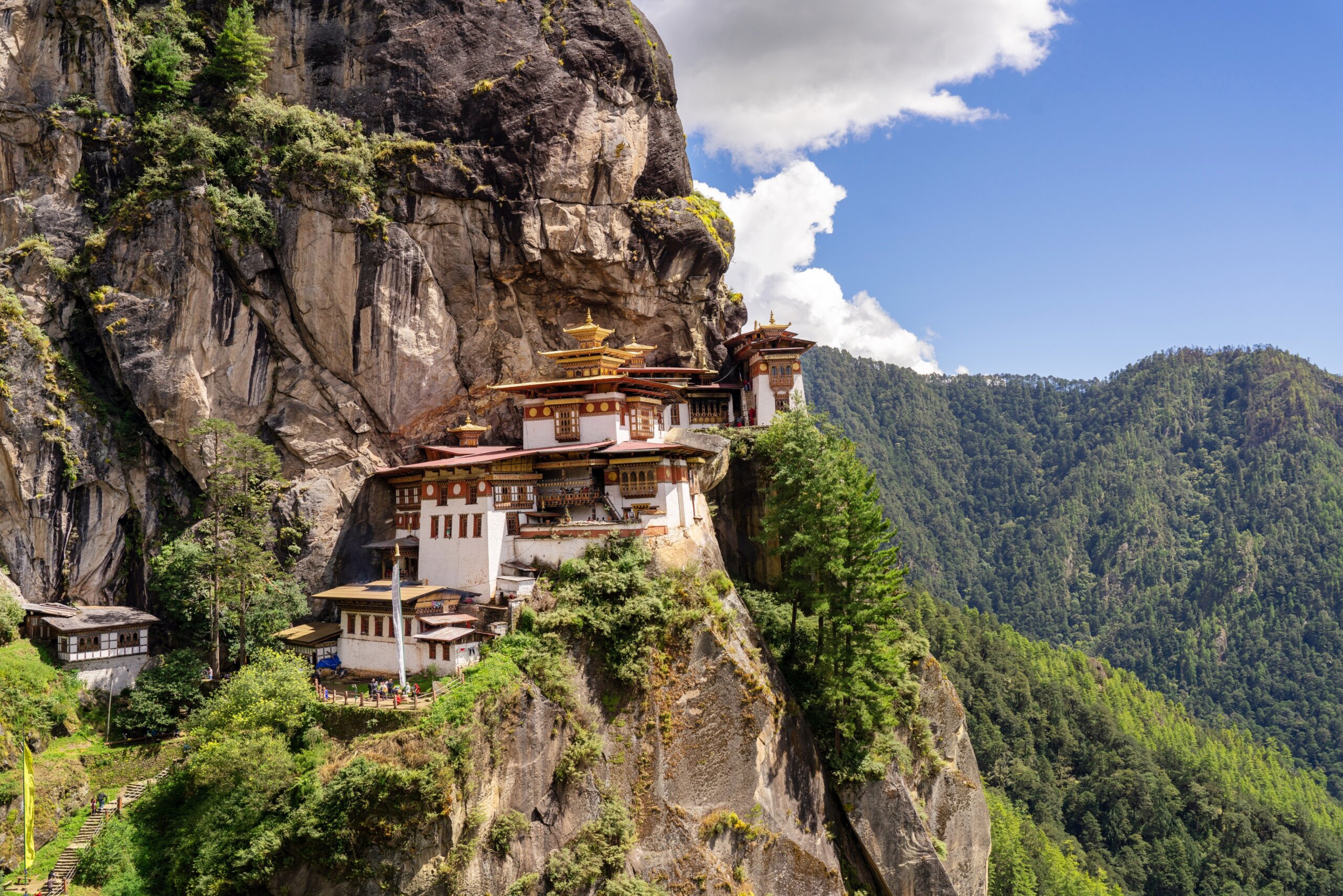 View of Taktsang Monastery, also known as the Tiger's Nest Monastery, perched on a cliff in Paro, Bhutan.