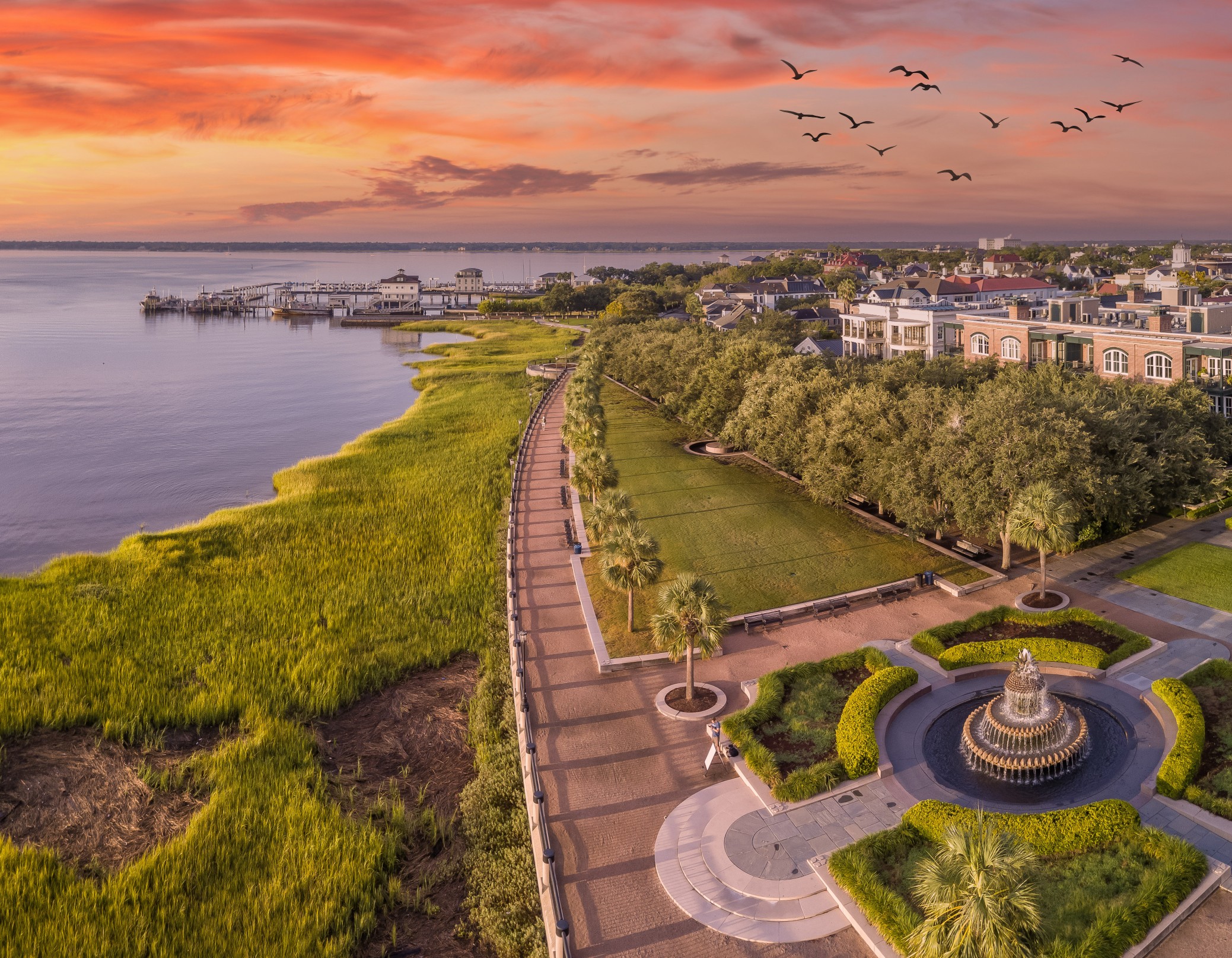 Charleston skyline with pink sky and clouds