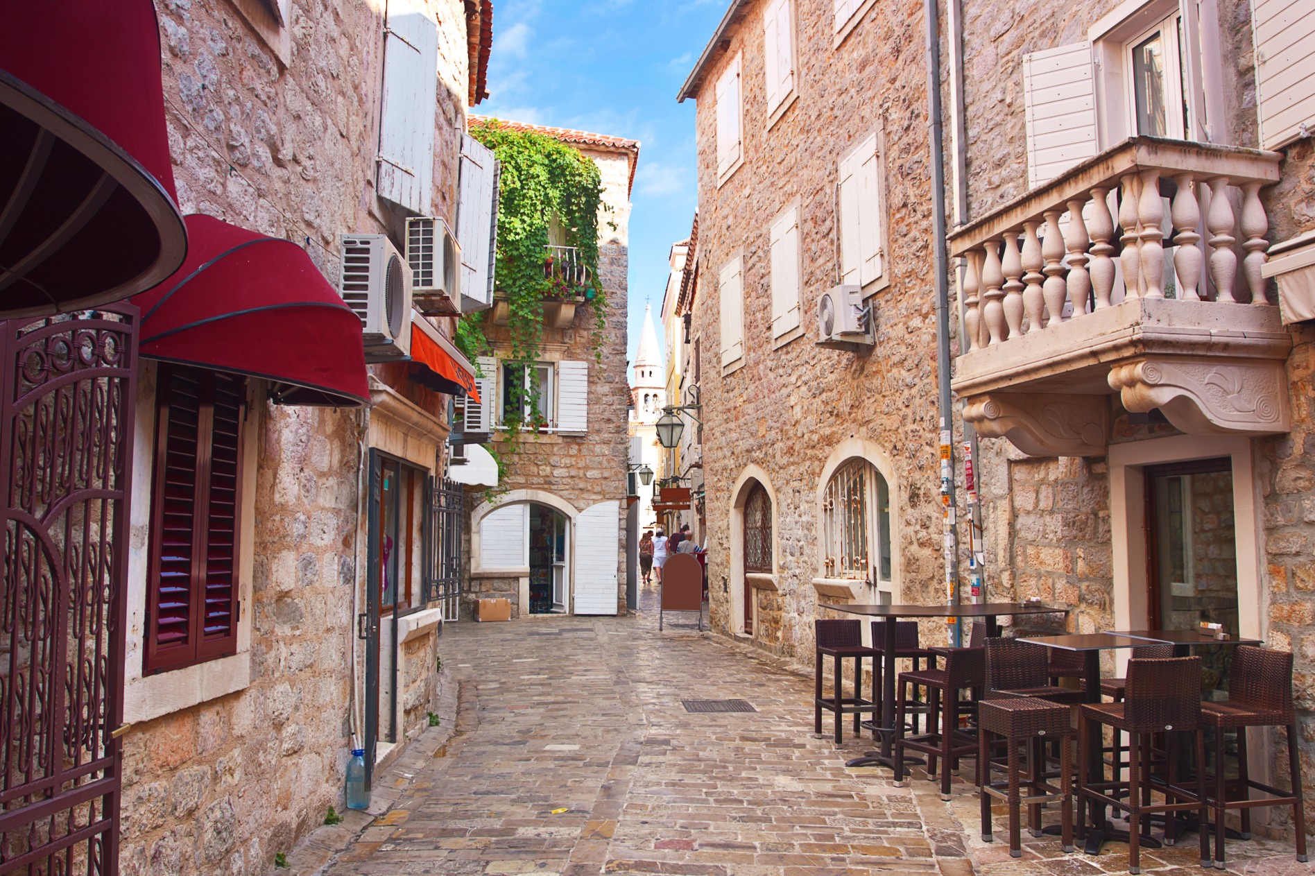 view narrow street in old district of Budva, Montenegro