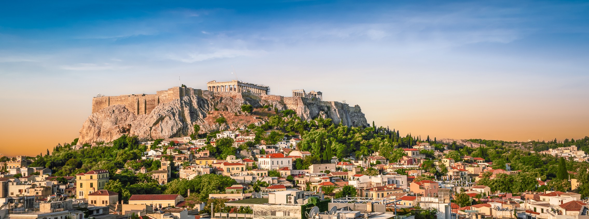 Athens, Greece panoramic Acropolis view at sunset.
