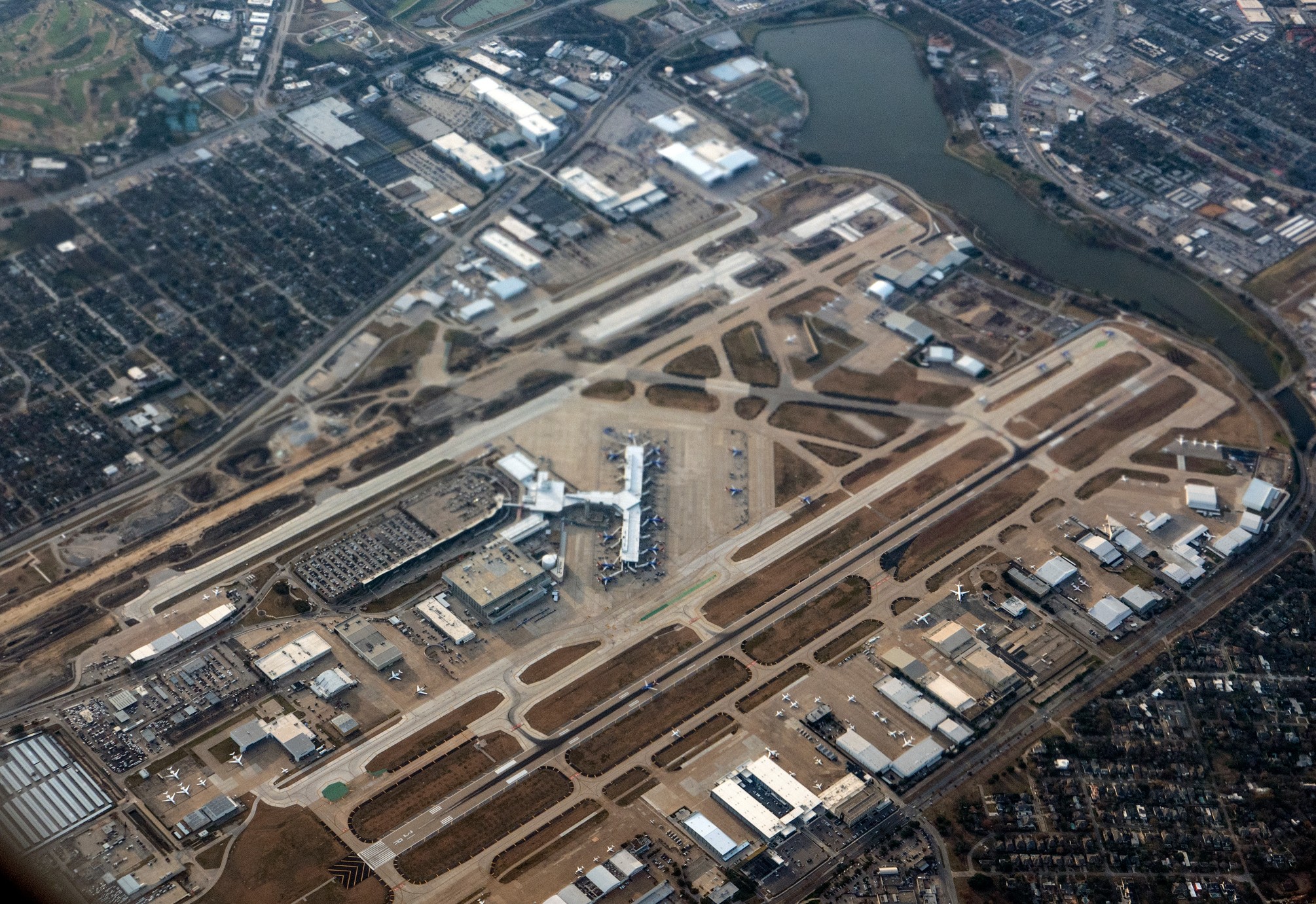 Dallas Love Field Airport aerial view, ranked among the worst airports for holiday weekend travel