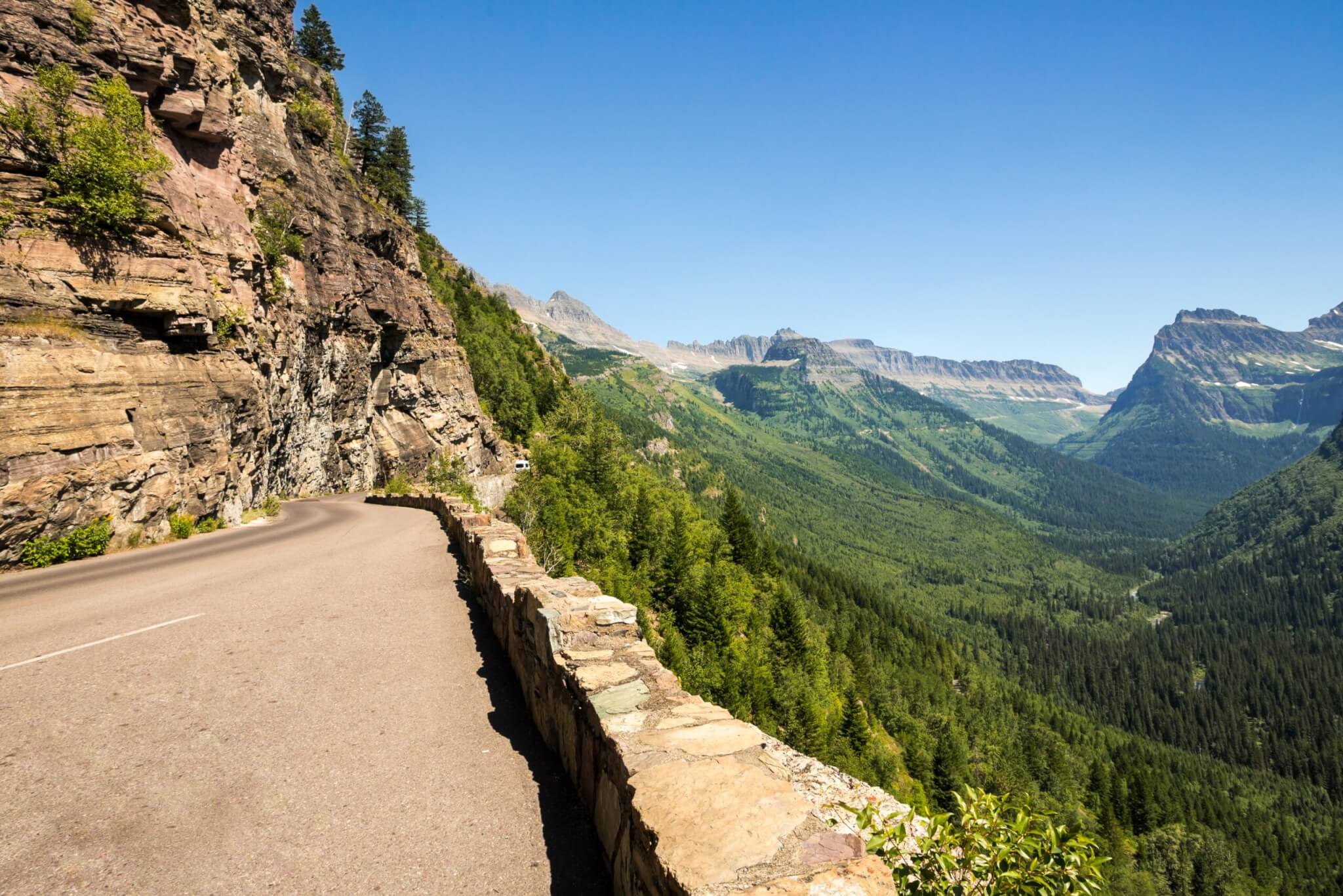Famous Going-to-the-Sun road in the Glacier National Park, in Montana in beautiful summer day.