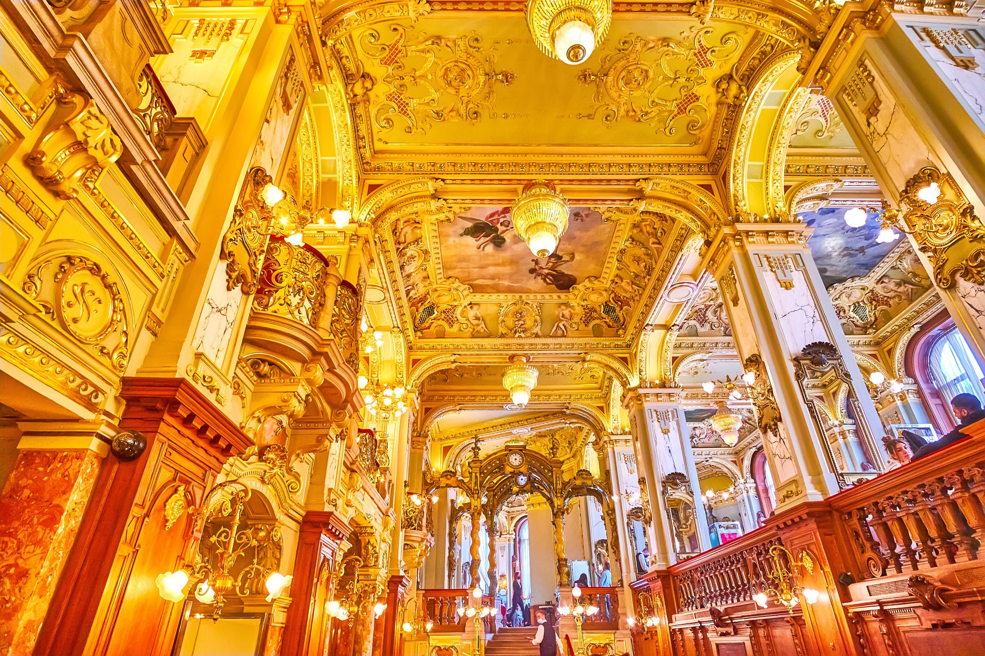 The classic design of New York Cafe of one of the most prestigious cafes in Budapest, Hungary