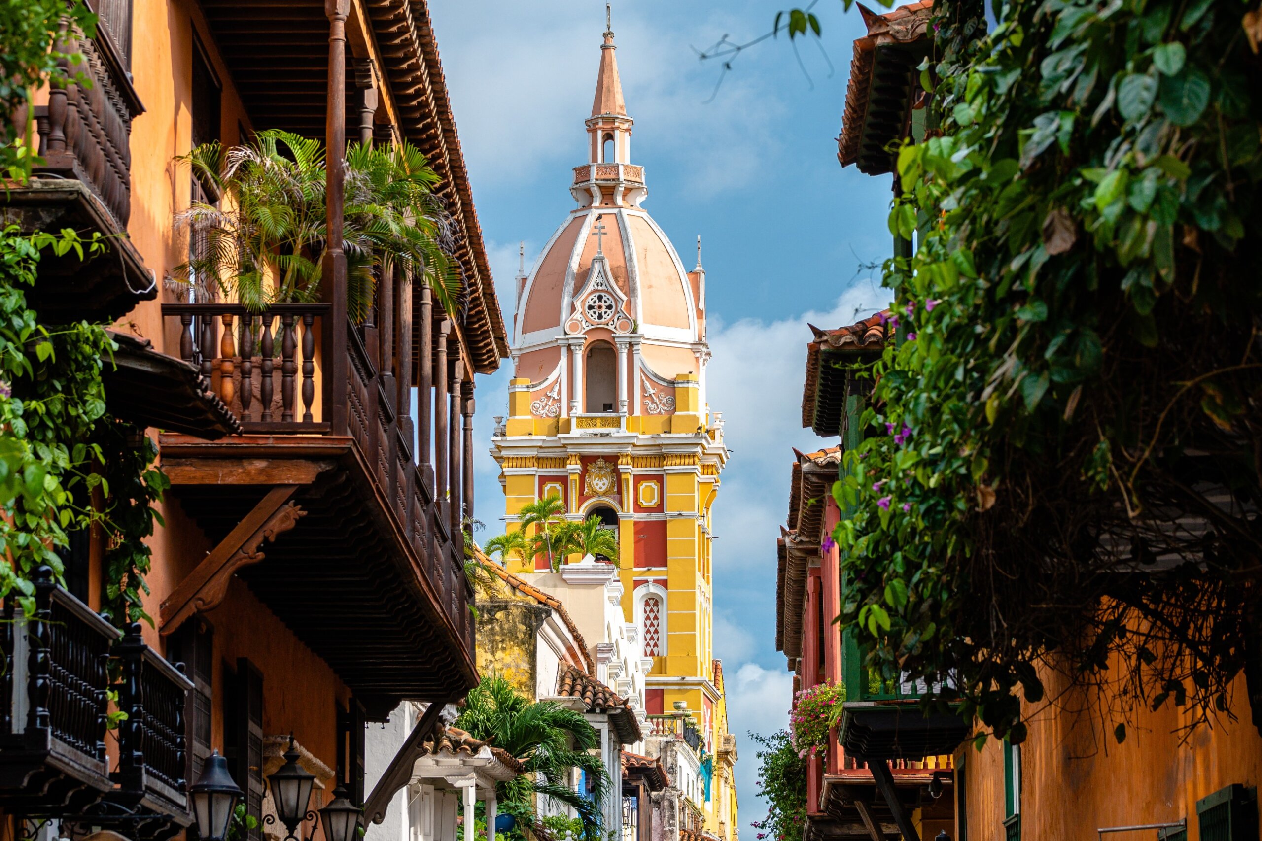 colorful street of Cartagena de Indias old town, Colombia.