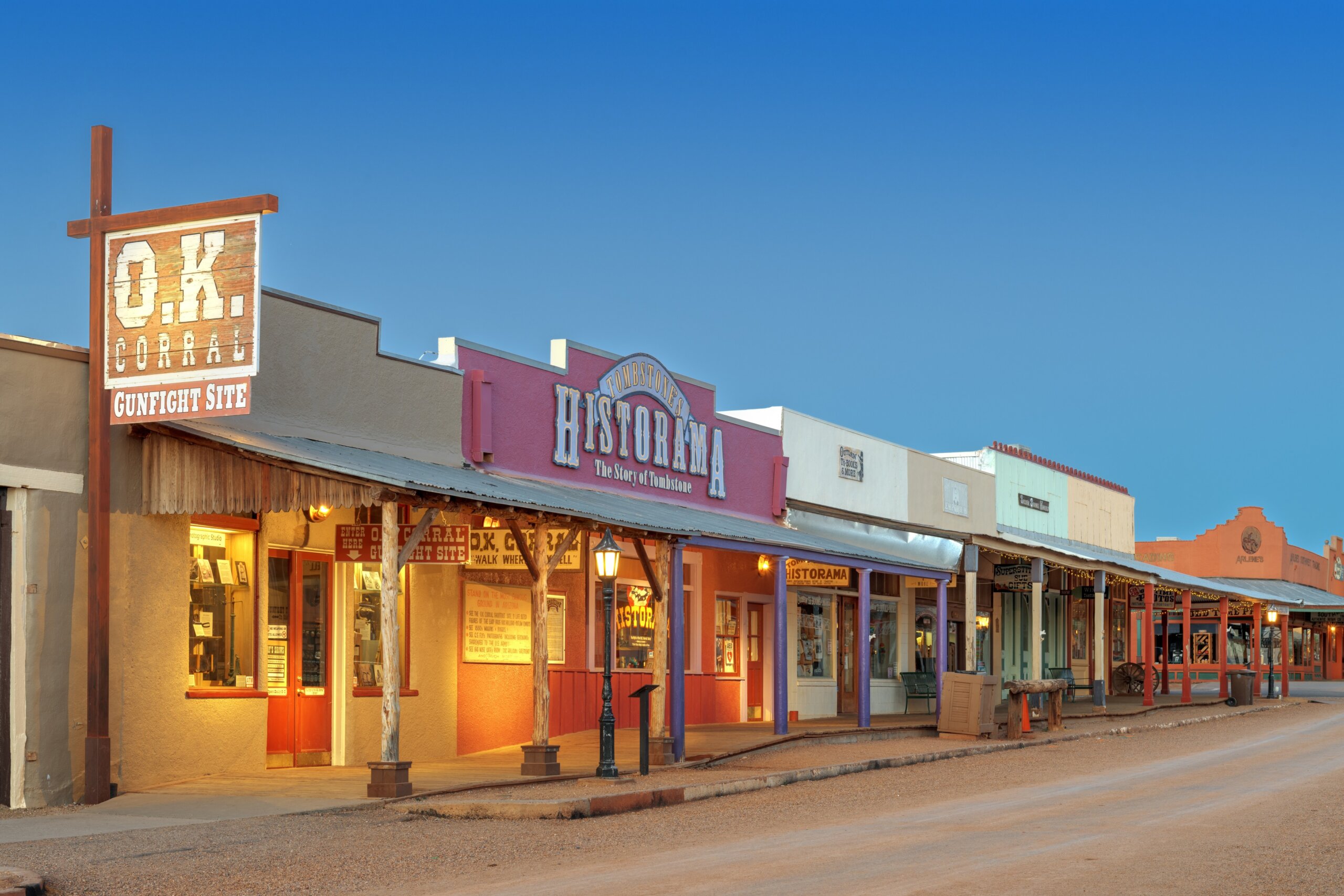 The O.K. Corral Gunfight Site at twilight. The site is known for the most famous shootout in the history of the American Wild West.