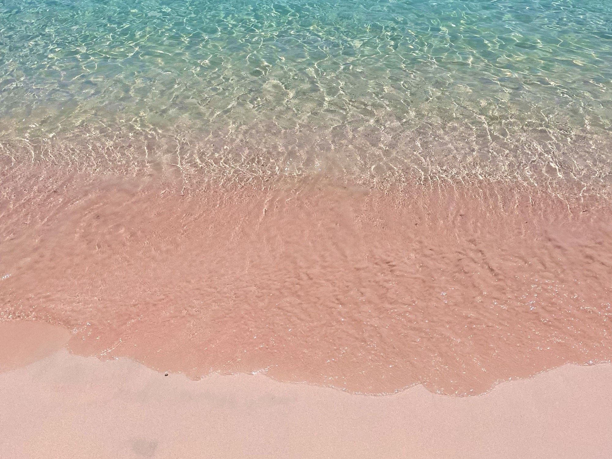 A long stretch of soft pink sand curving along turquoise waters, with gentle waves lapping the shore.
