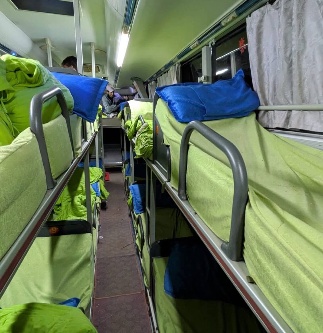 Overnight bus interior in Southeast Asia.