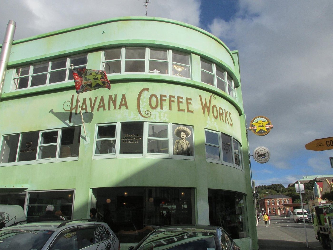 Colorful Wellington café and roastery in retro art deco building.