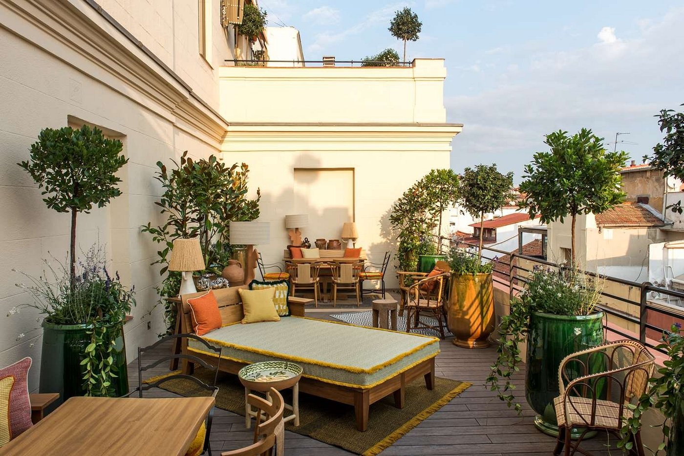 Beautifully decorated rooftop patio at the Brach Hotel in Madrid, Spain