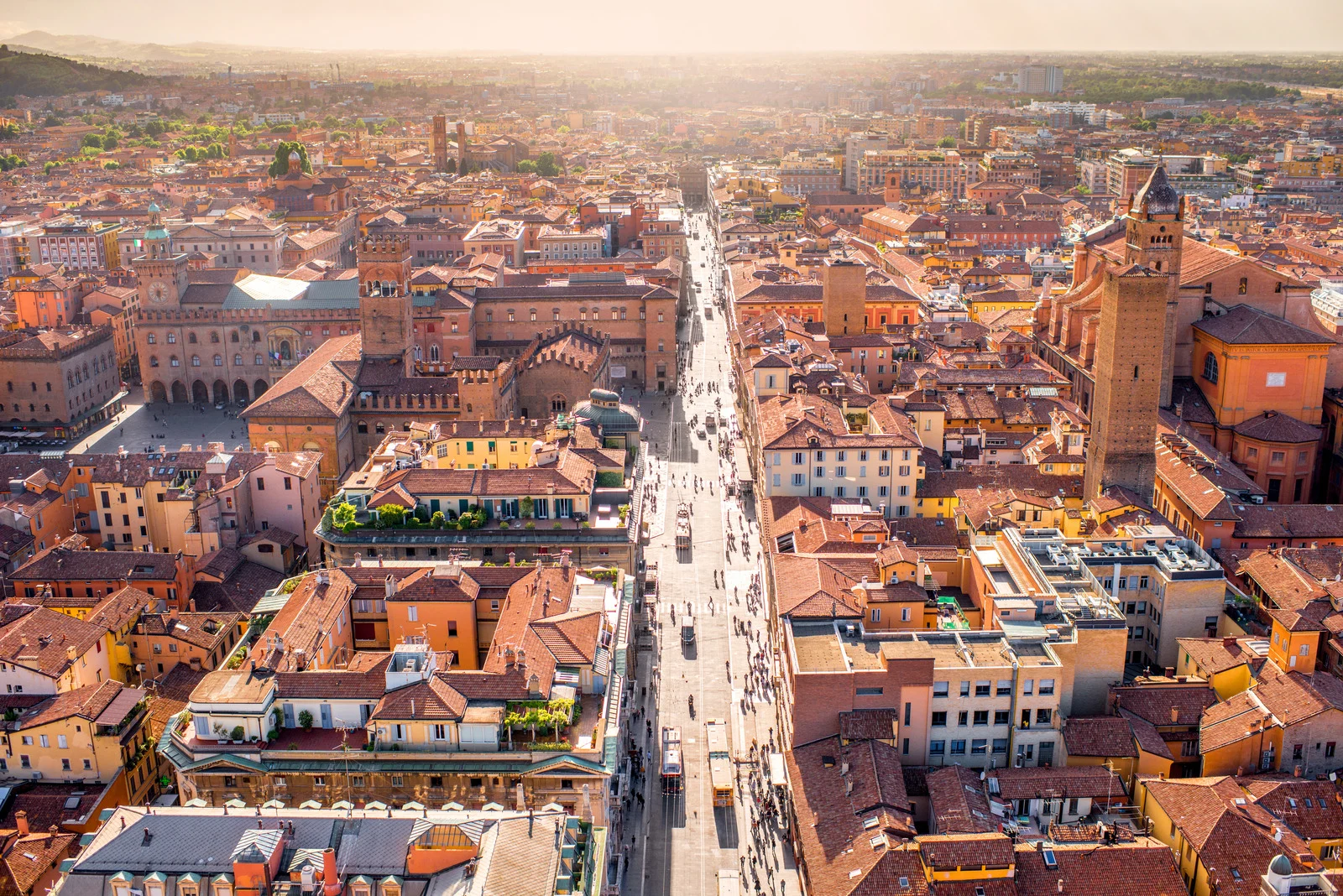 Aerial cityscape view of Piazza Maggiore square in the city of Bologna, Italy. Historic city center of Bologna, Italy. Beautiful ancient historical buildings of Bologna, Italy. Landmark of Italy