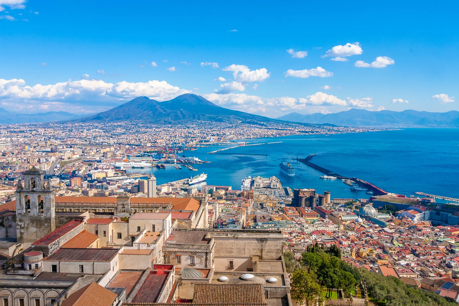 Naples, Italy. View of the Gulf of Naples from the Posillipo hill with Mount Vesuvius far in the background 