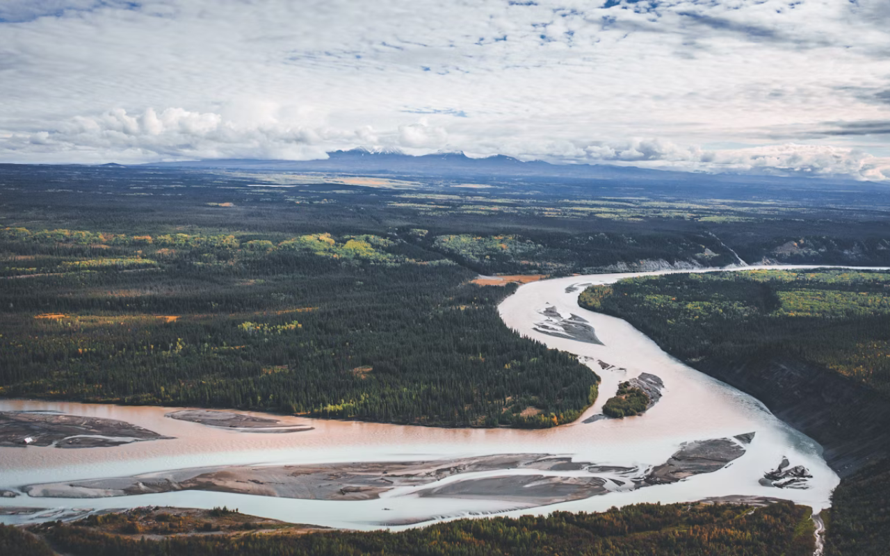 Aerial view of Wrangell-St. Elias National Park in Alaska with winding river, dense forest, and mountains in the distance.
