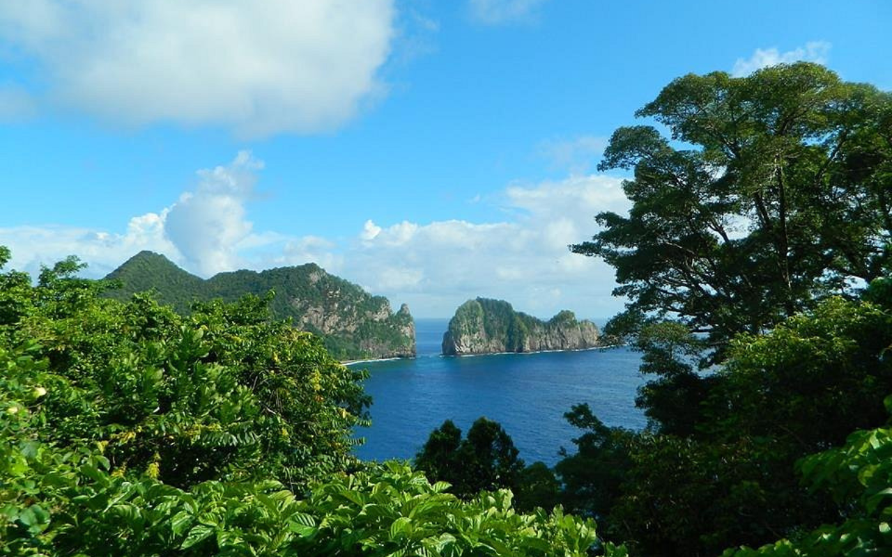 Lush green coastline overlooking turquoise waters and volcanic rock formations in the National Park of American Samoa.