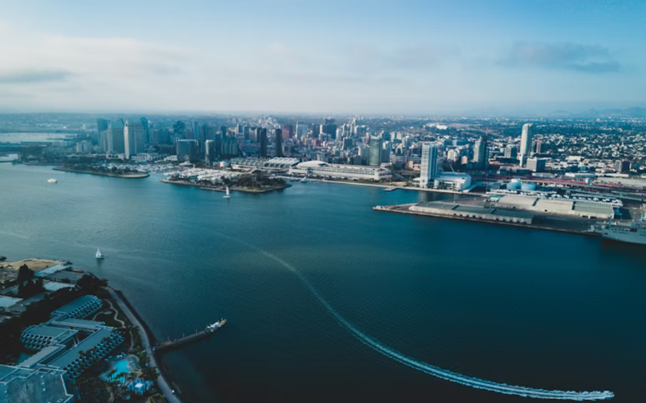 Aerial view of San Diego Bay and skyline – sunny Thanksgiving vacation spot for families.