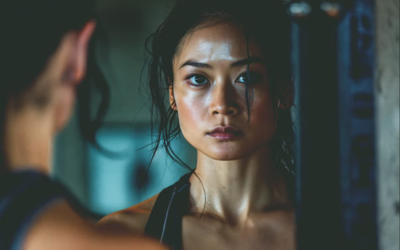 woman staring at her reflection in a mirror
