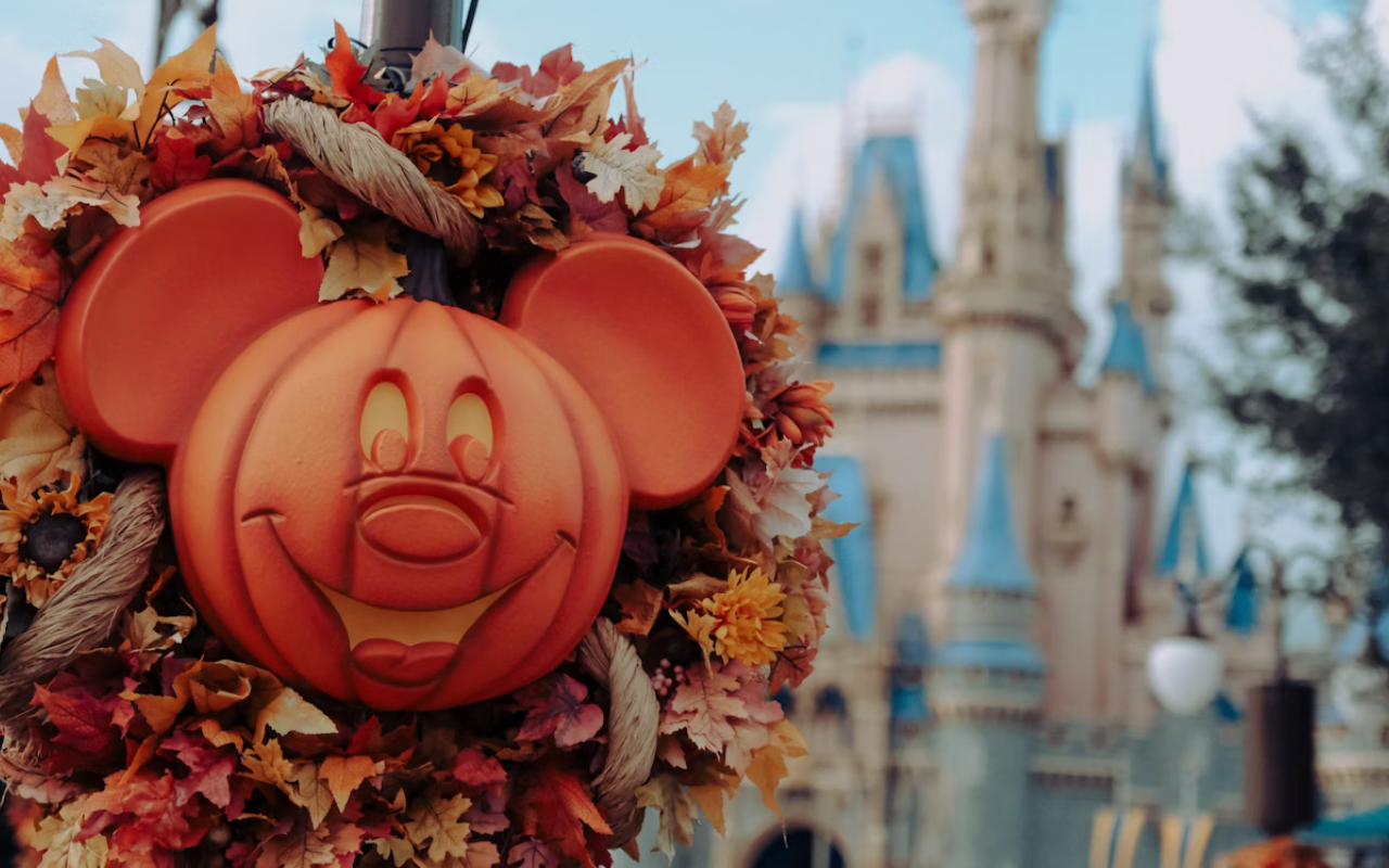Mickey Mouse pumpkin decoration at Disney World in Orlando, a magical family Thanksgiving vacation destination.