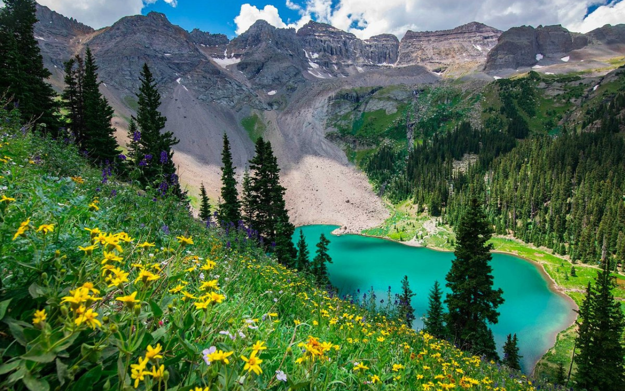 Alpine lake surrounded by wildflowers and mountains in Telluride, Colorado, a U.S. destination resembling the Swiss Alps