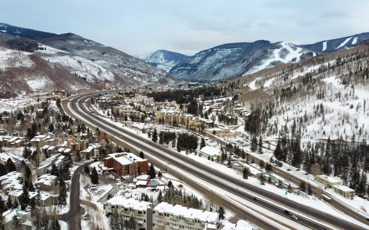 Snow-covered ski town of Vail, Colorado with alpine architecture, a U.S. resort town that feels like Austria’s Tyrolean villages