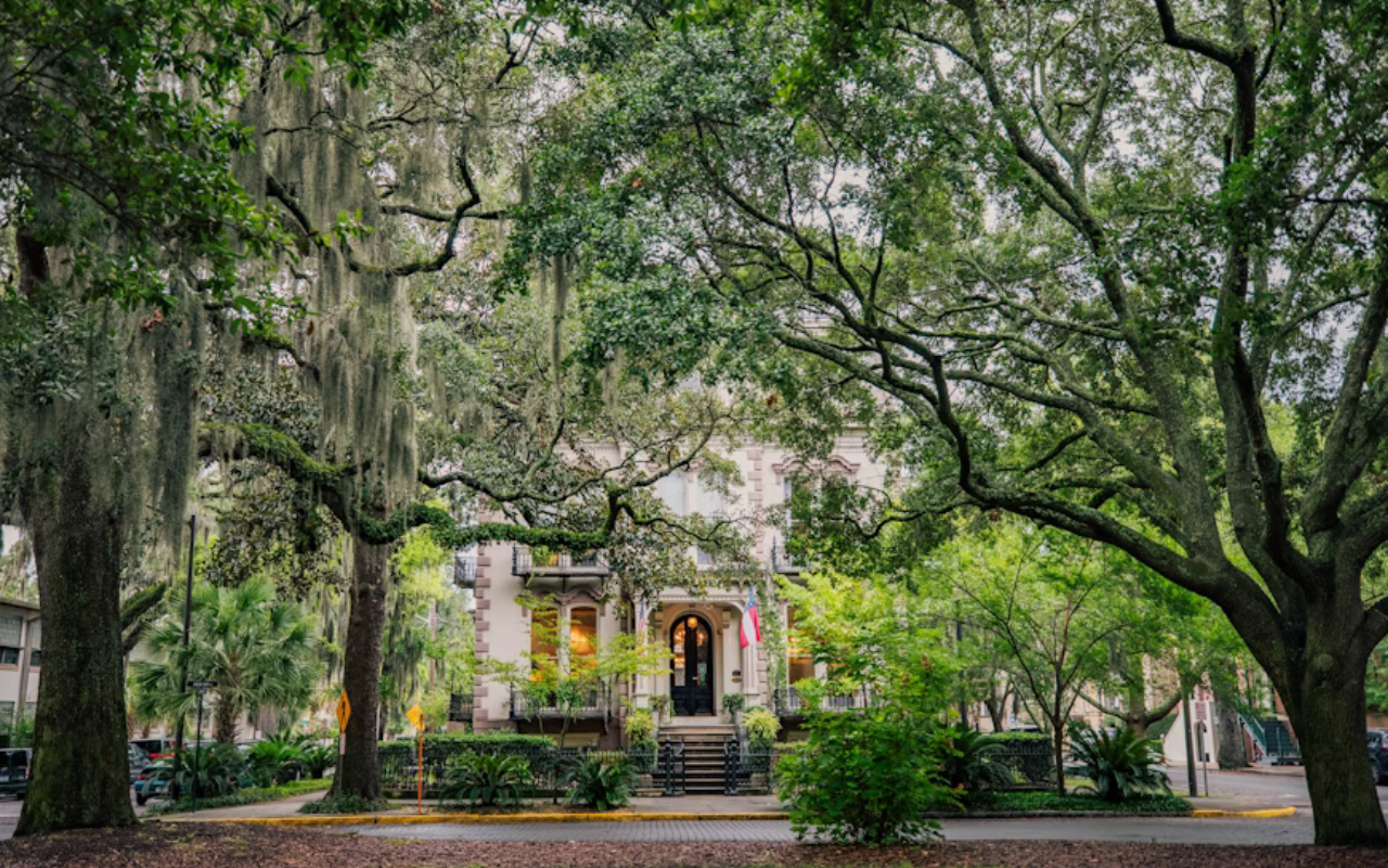 Historic Savannah home framed by mossy oak trees – charming Thanksgiving family vacation.