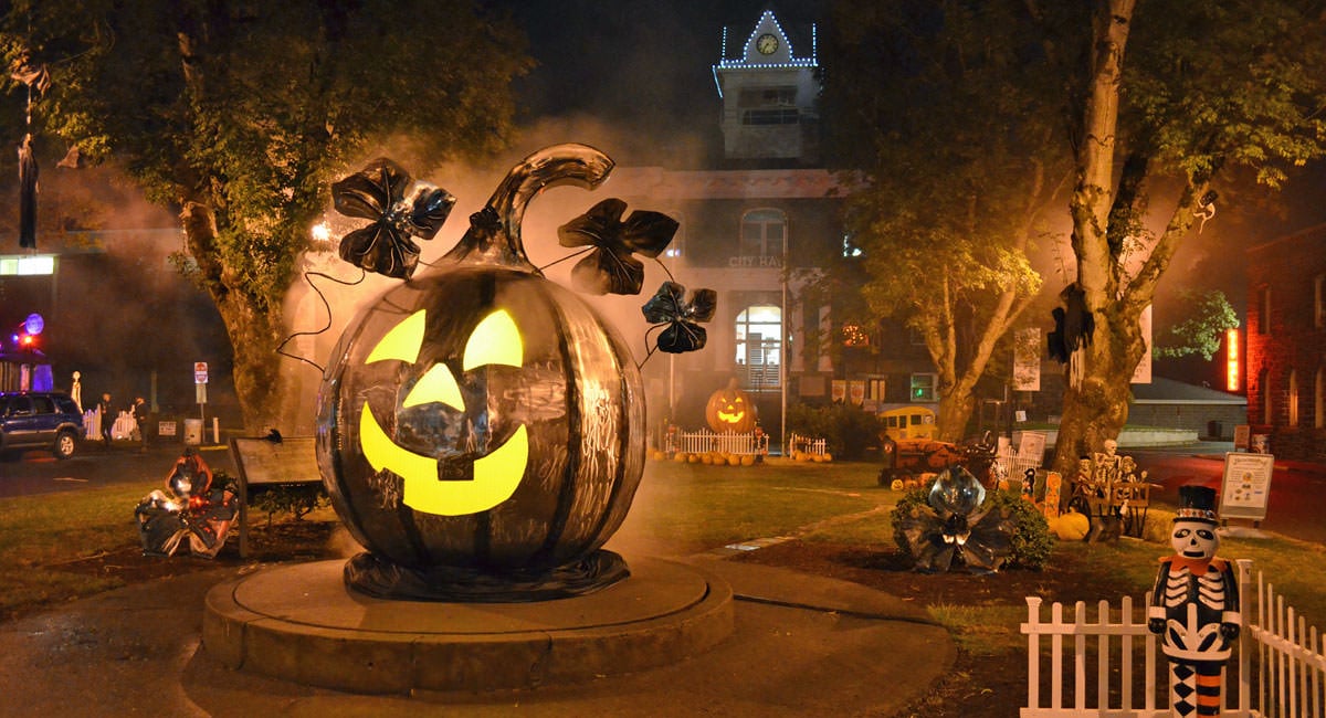 City Hall just behind illuminated meta jack-o-lantern