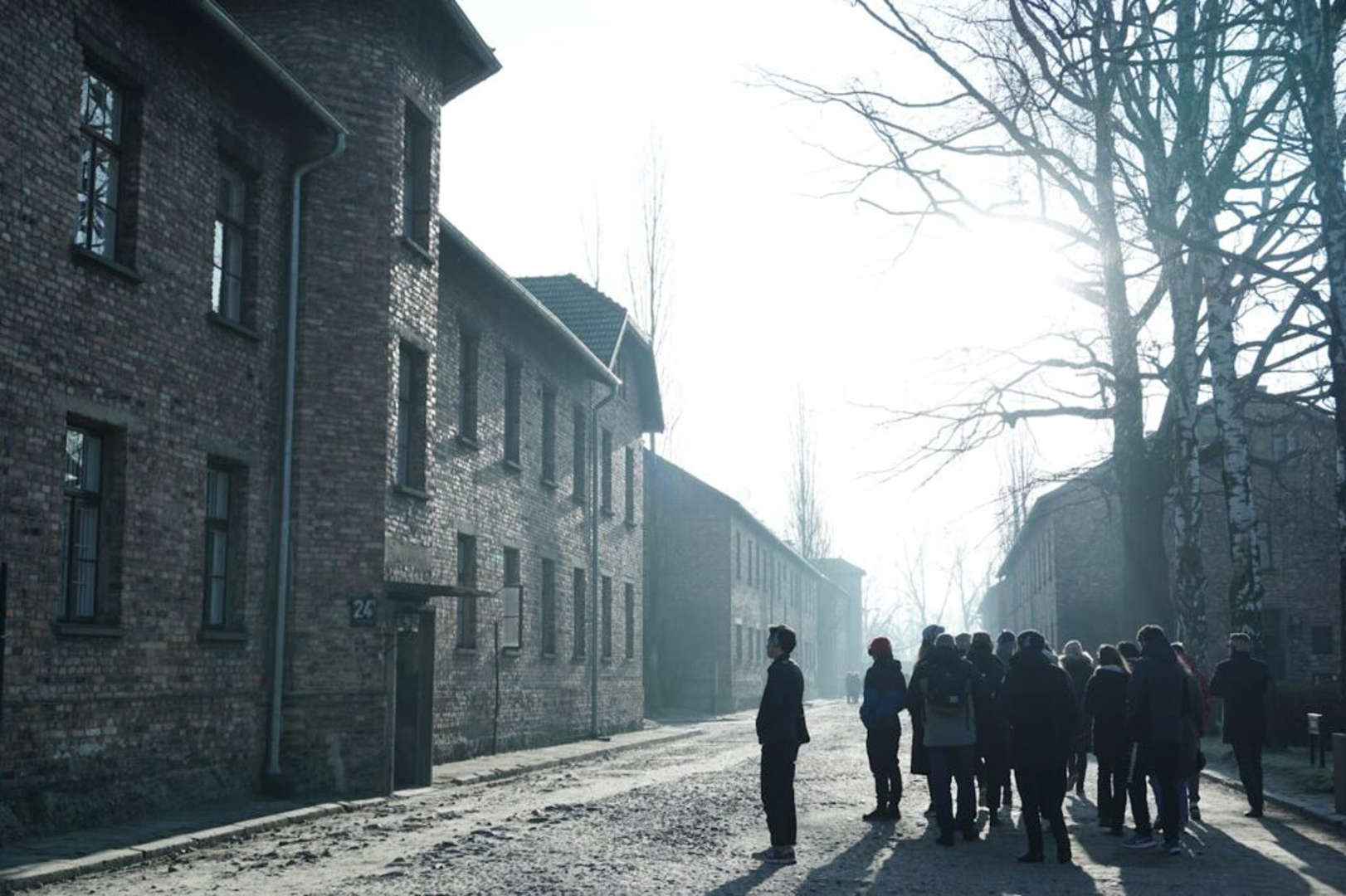 Group of visitors at Auschwitz-Birkenau concentration camp in Poland.