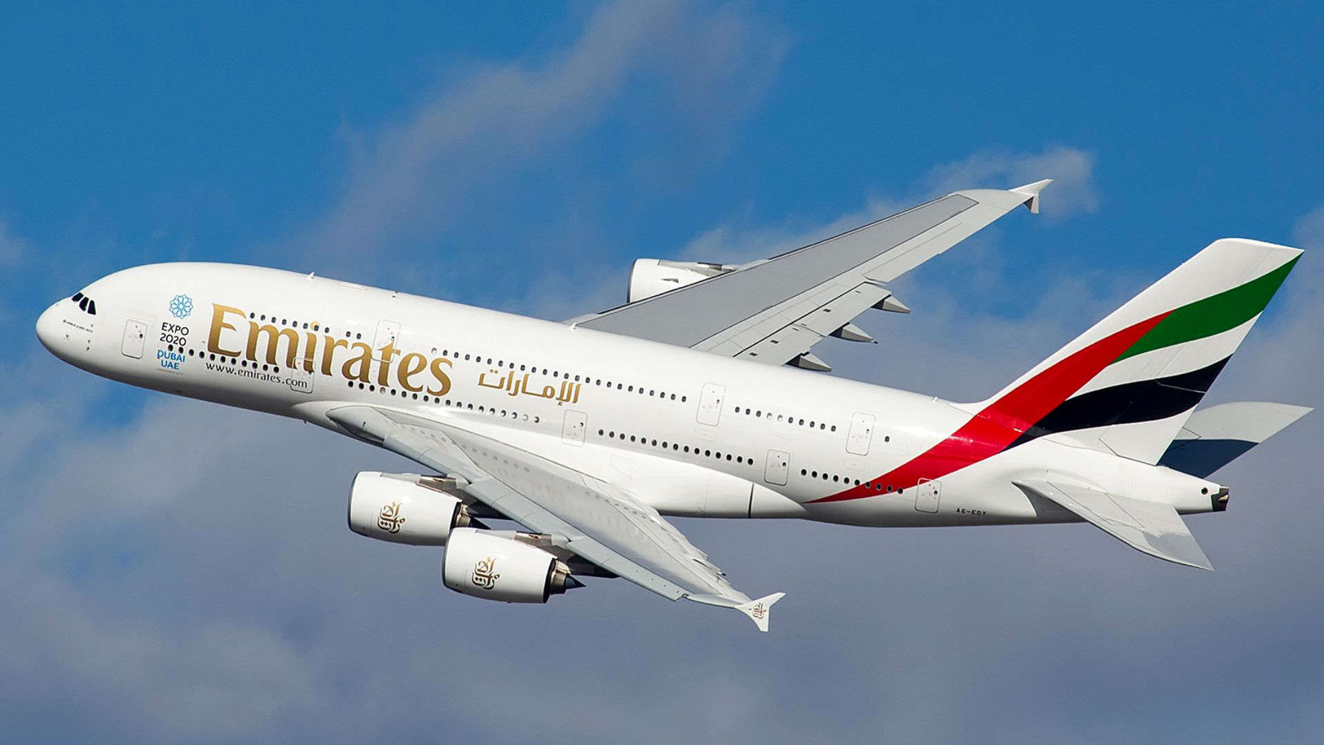 Emirates Airbus A380 in flight, representing the airline’s highly rated cabin crew and world-class in-flight service.