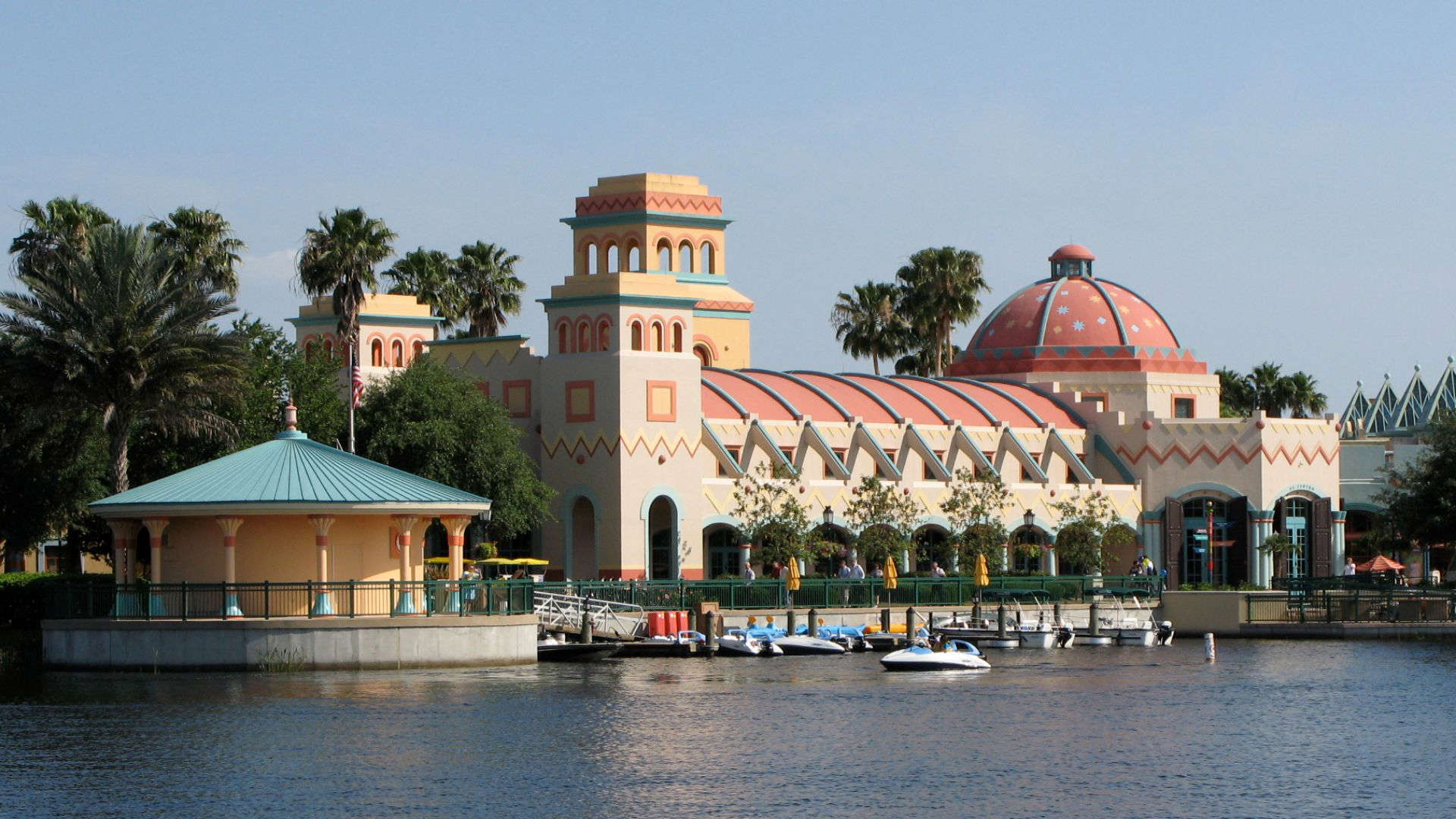 Disney’s Coronado Springs Resort with Spanish-inspired architecture and waterfront view – an underrated Disney World hotel with pools and dining.