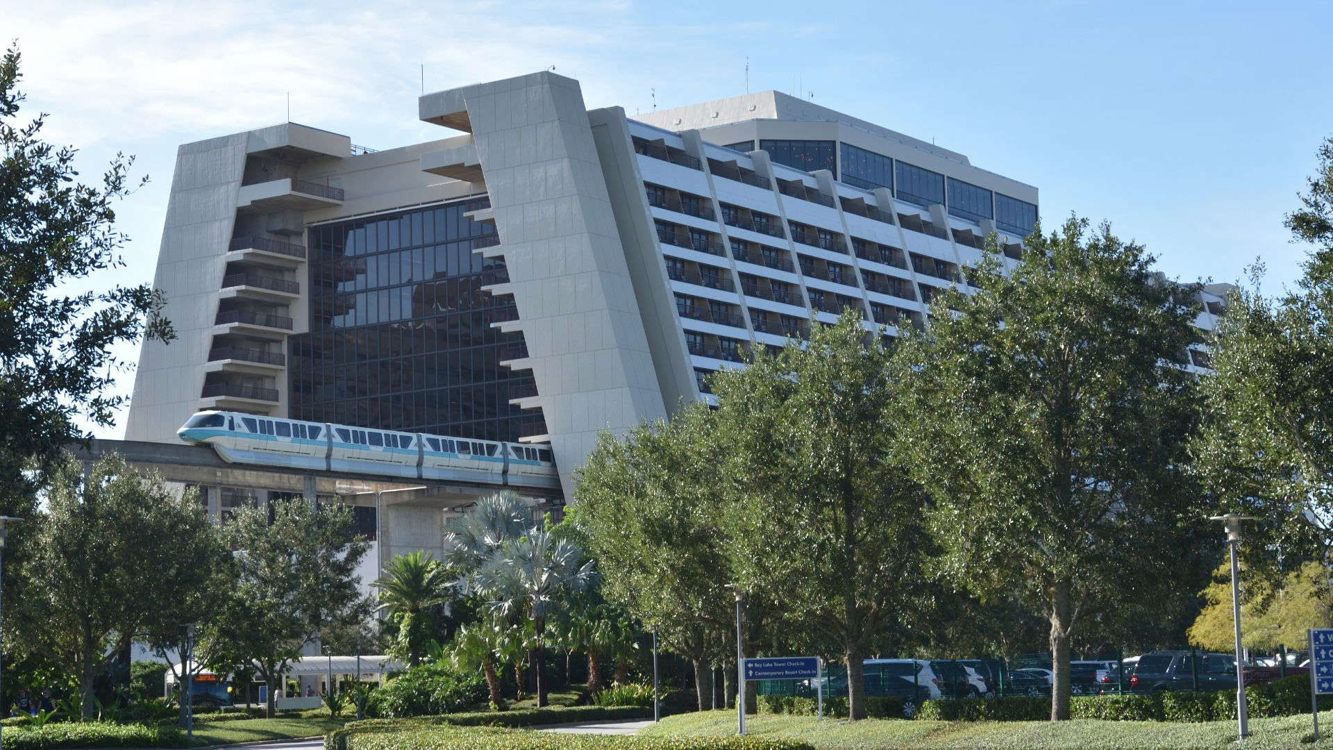 Exterior view of Disney’s Contemporary Resort with monorail – an overhyped Disney World hotel often criticized for dated design and limited Disney atmosphere.