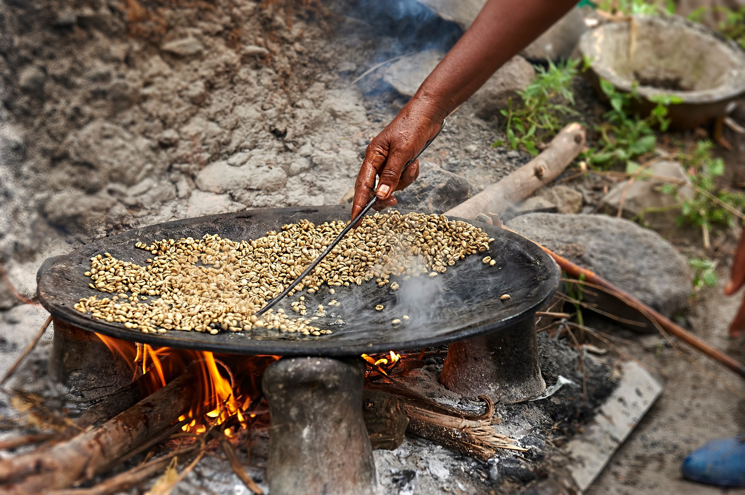 Traditional Ethiopian coffee beans roasting
