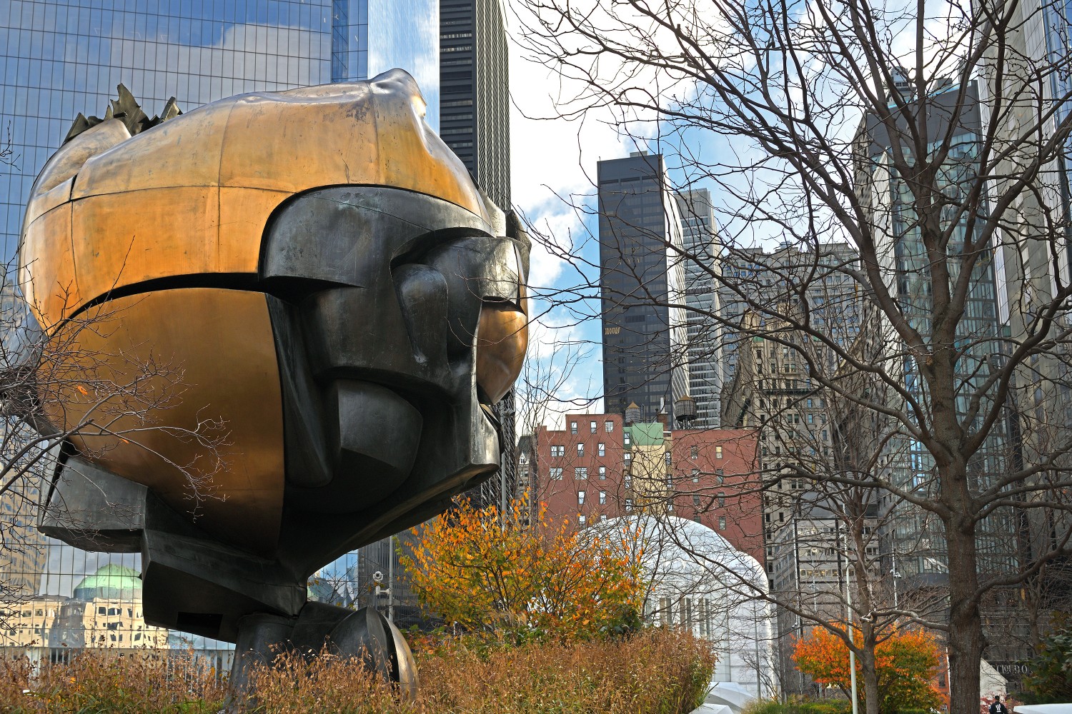 Sphere, a monumental cast bronze sculpture by German artist Fritz Koenig, stood between the Twin Towers until the September 11 attacks. Manhattan, NYC