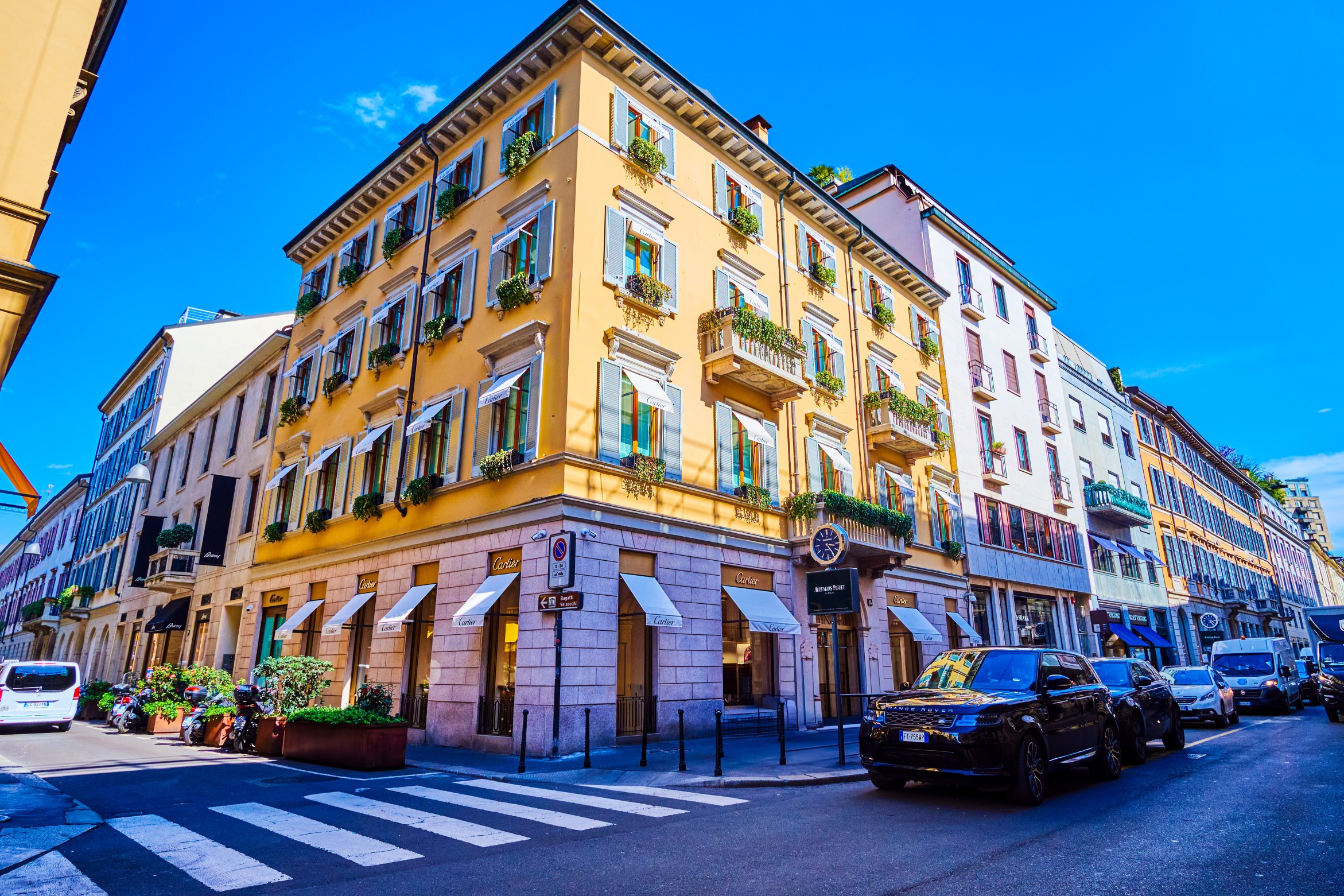 Via Monte Napoleone, the upscale shopping street with luxury boutiques, on April 8 in Milan, Italy