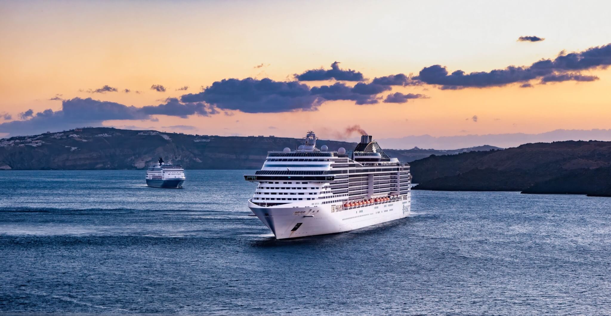 Two Cruise Ships in Bay of Santorini Greece
