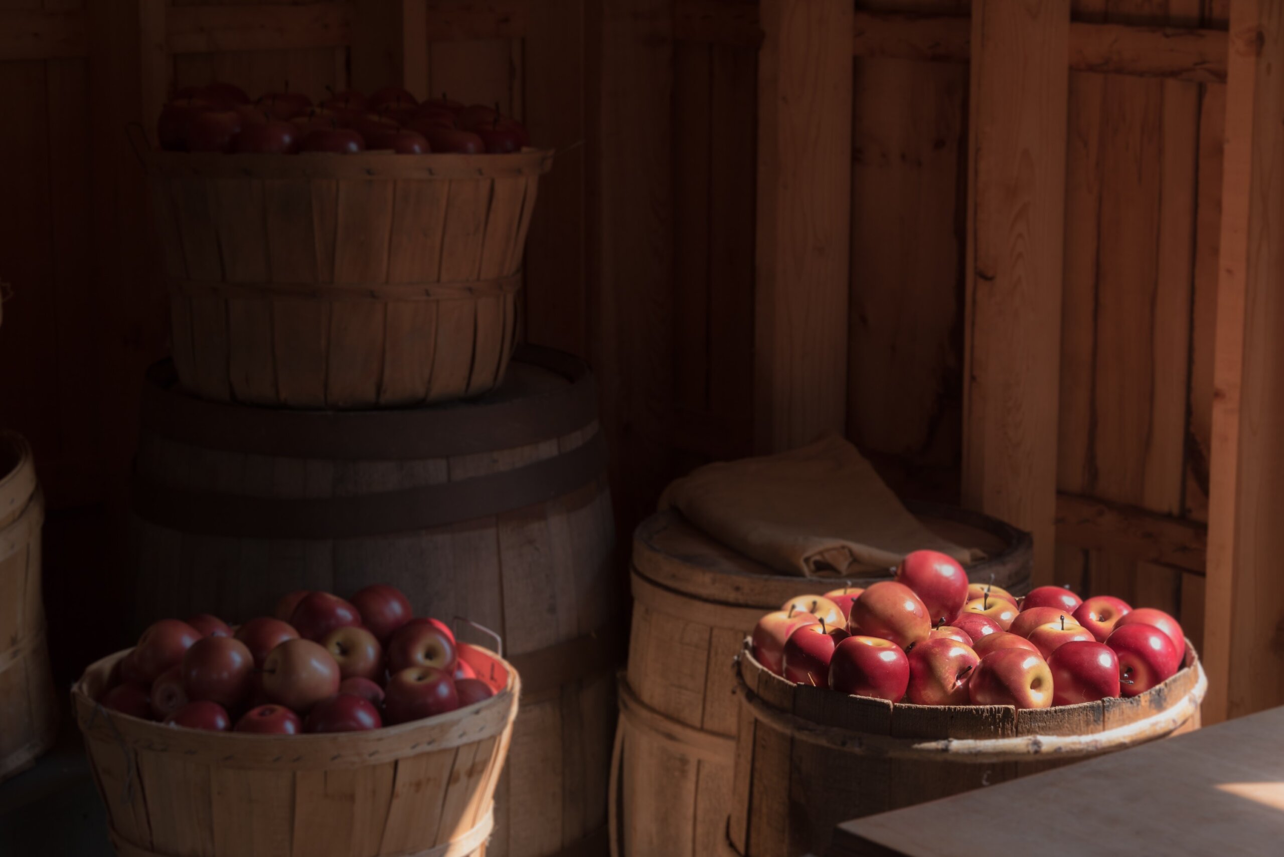 bushels of bright red apples, inside cider mill

