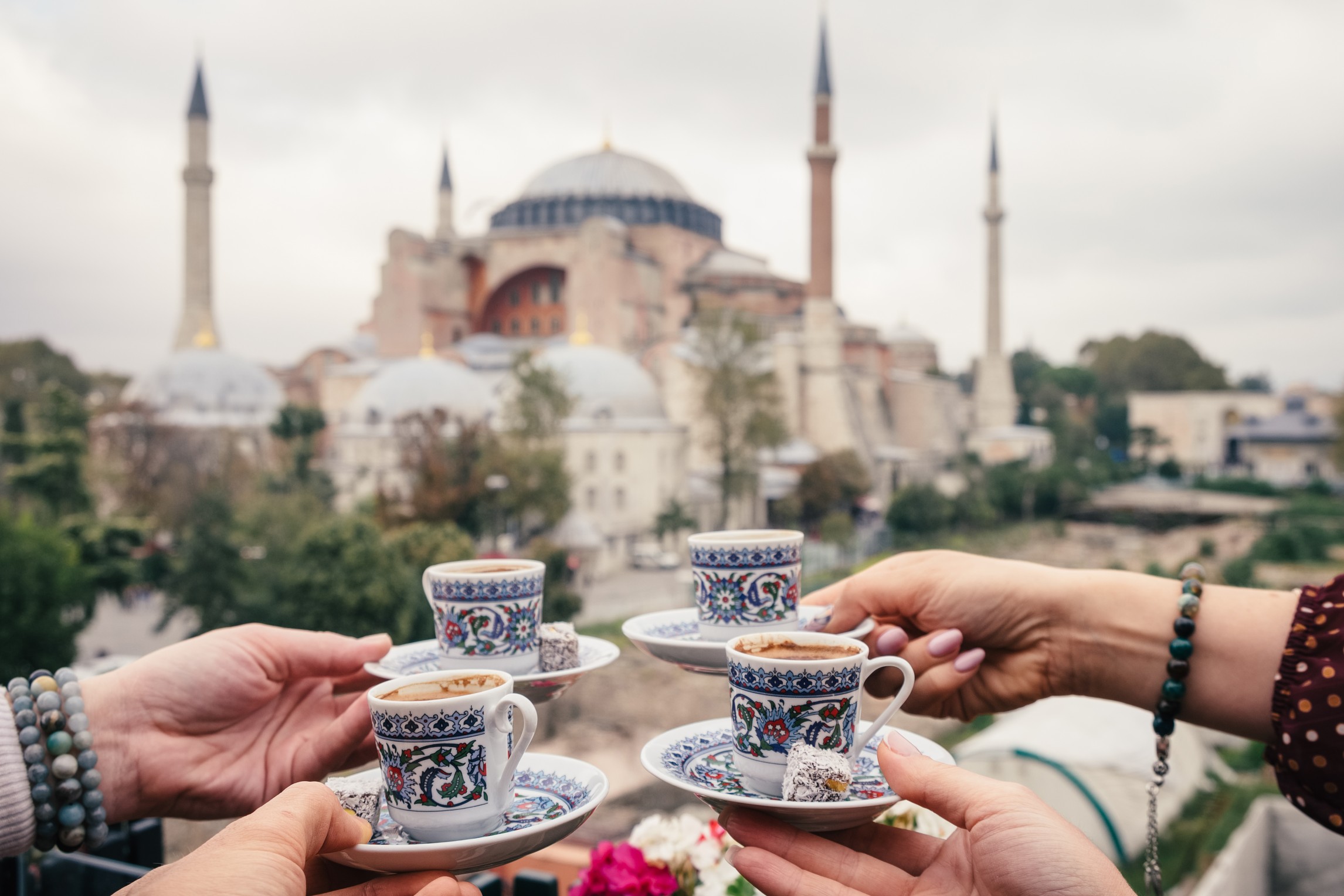 Turkish coffee with Hagia Sophia in background, Istanbul, Turkey
