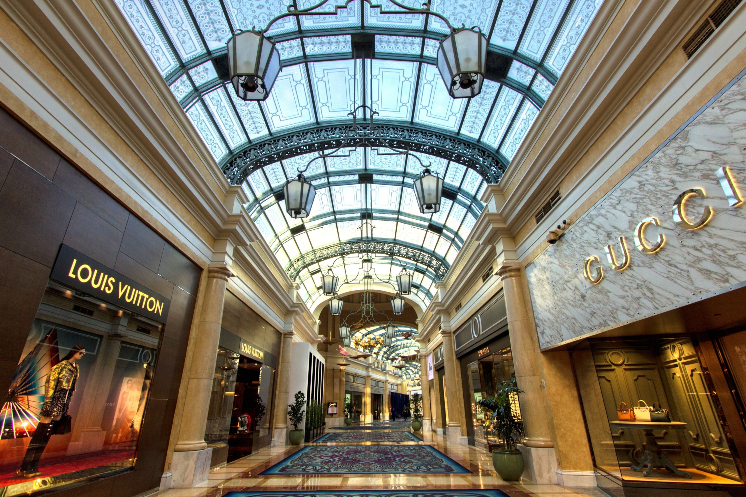 Las Vegas, Nevada, USA - May 6, 2019: Upscale shops at the Bellagio Casino and resort in Las Vegas. The luxury boutique style shops at the Bellagio include Gucci, Prada, Chanel and Louis Vuitton