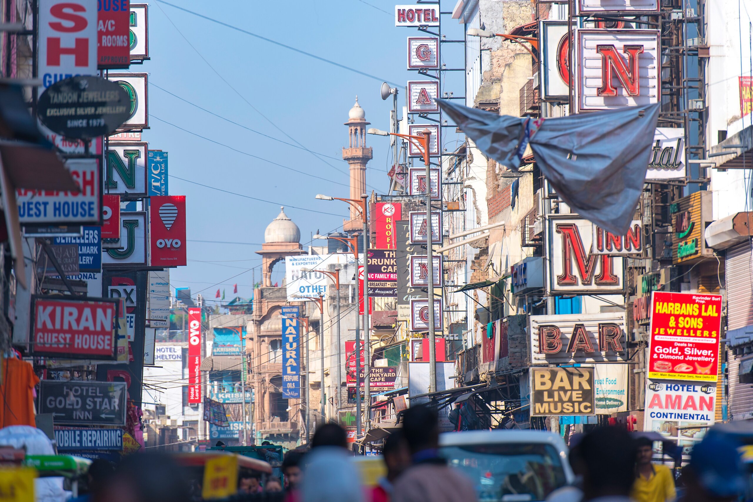 Old Indian street Market The Main Bazar in New Delhi on February 26. 2018 in India