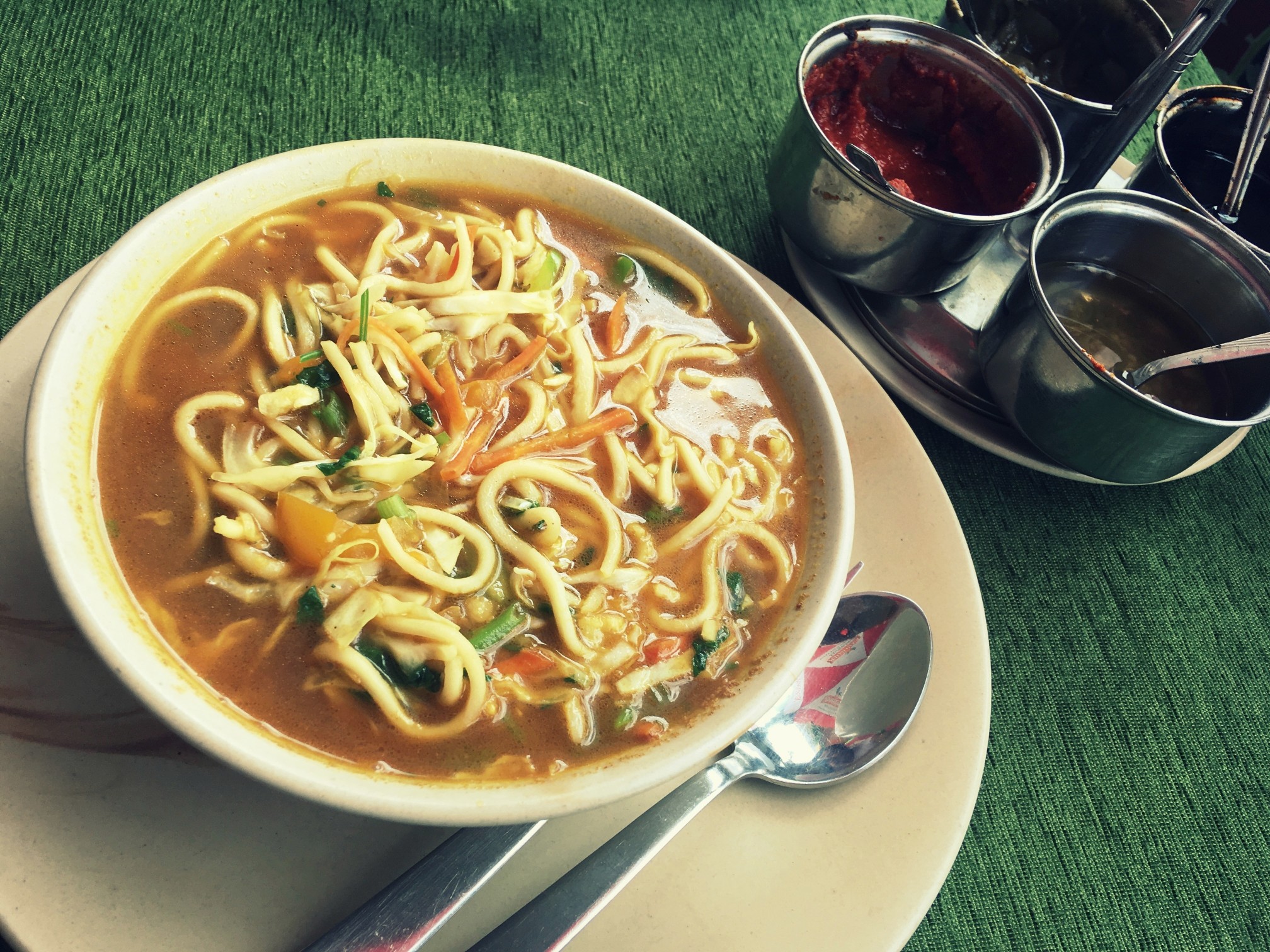 Close up of traditional tibetan noodle soup "Thenthuk" / Thukpa served in Leh, Ladakh, India