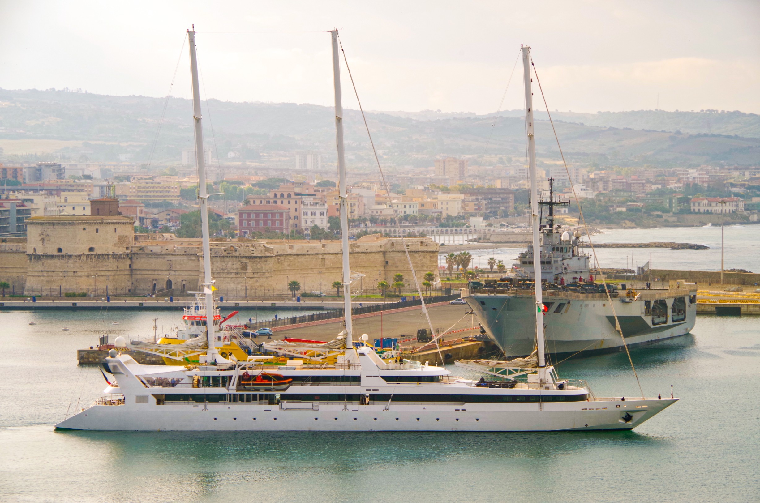 Luxury Ponant Expeditions sailing yacht cruise ship or cruise ship liner Le Ponant in port of Civitavecchia, gateway to the eternal city Rome during Mediterranean cruise