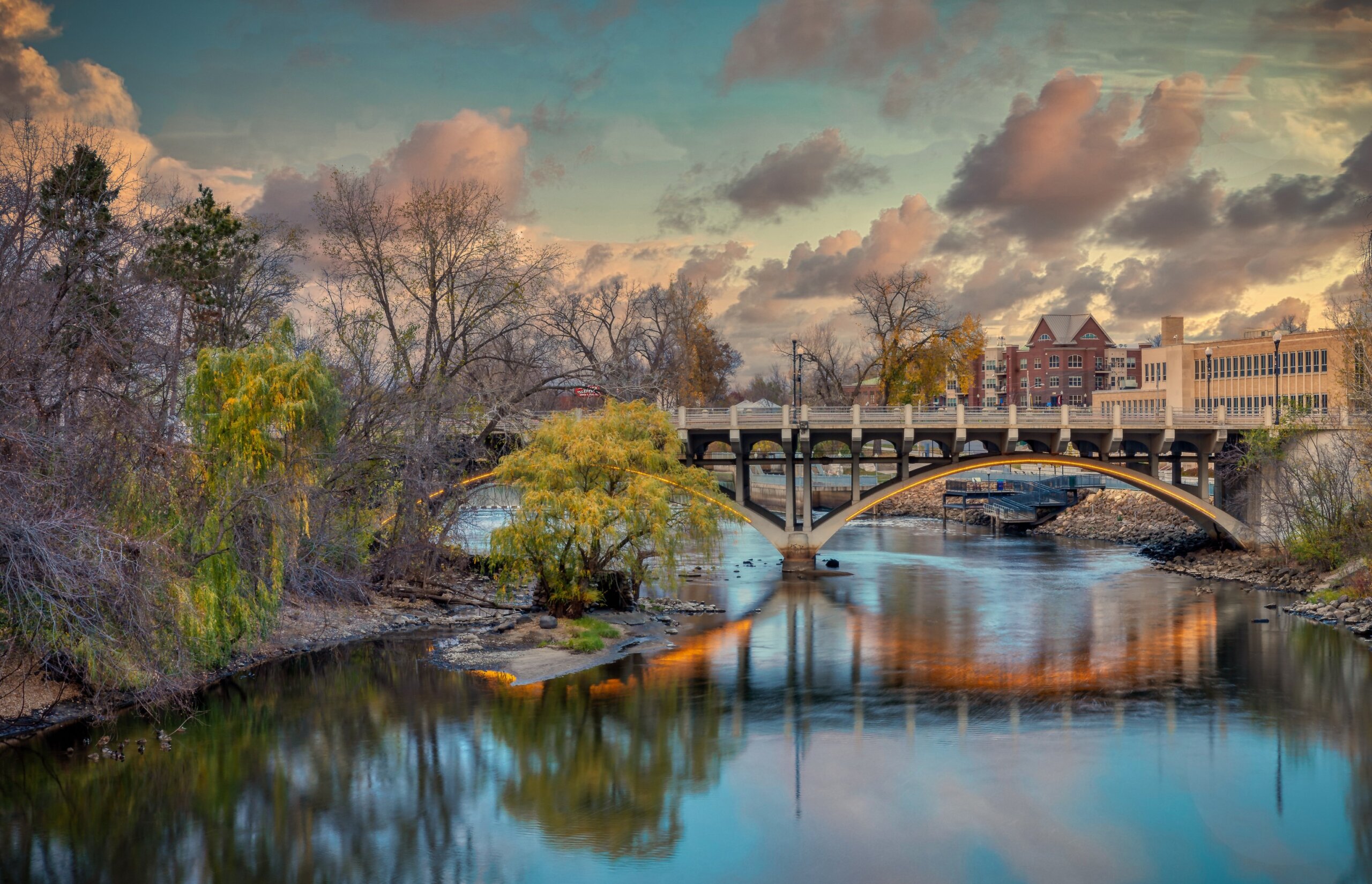 bridge over the rum river downtown Anoka Minnesota. The historic riverfront town is known as the Halloween Capital of the World.
