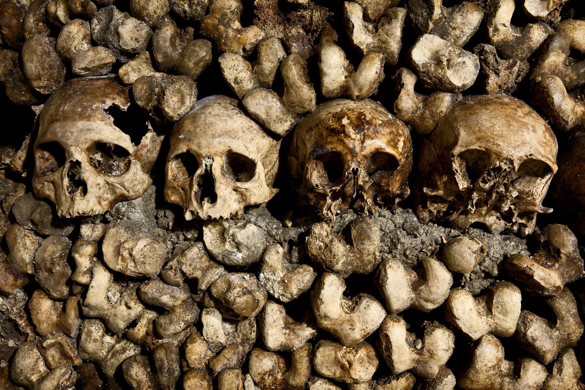 Skulls and bones stacked inside the Paris Catacombs, a famous dark tourism site in France.