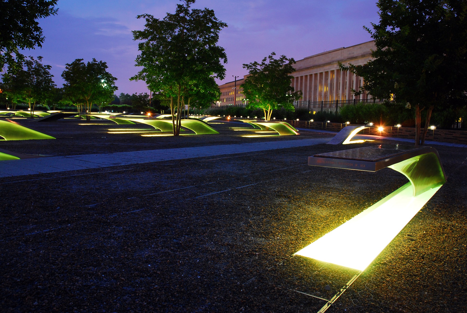 Lighted benches glow in memoial for those killed at the Pentagon during the 9/11 terrorist attacks
