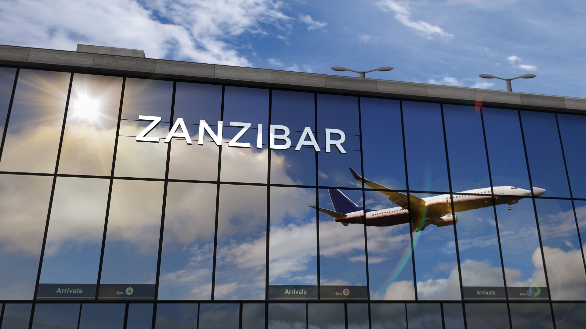 Airplane landing at Zanzibar Tanzania airport mirrored in terminal
