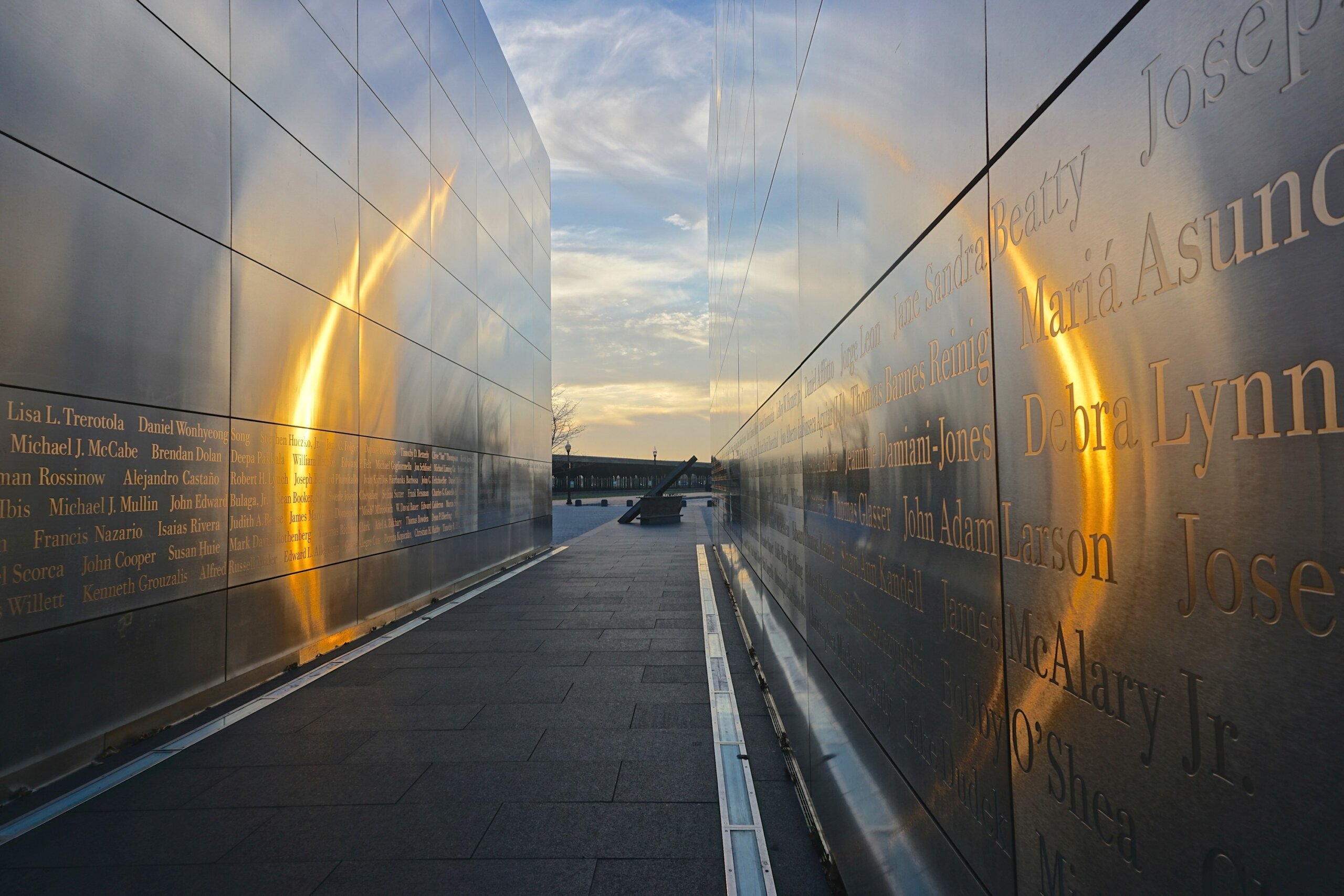 Jersey City, NJ - December 14, 2015: The glow of sunset shines through “Empty Sky,” the official New Jersey memorial to the state’s victims of the 9/11 terror attack, located in Liberty State Park.