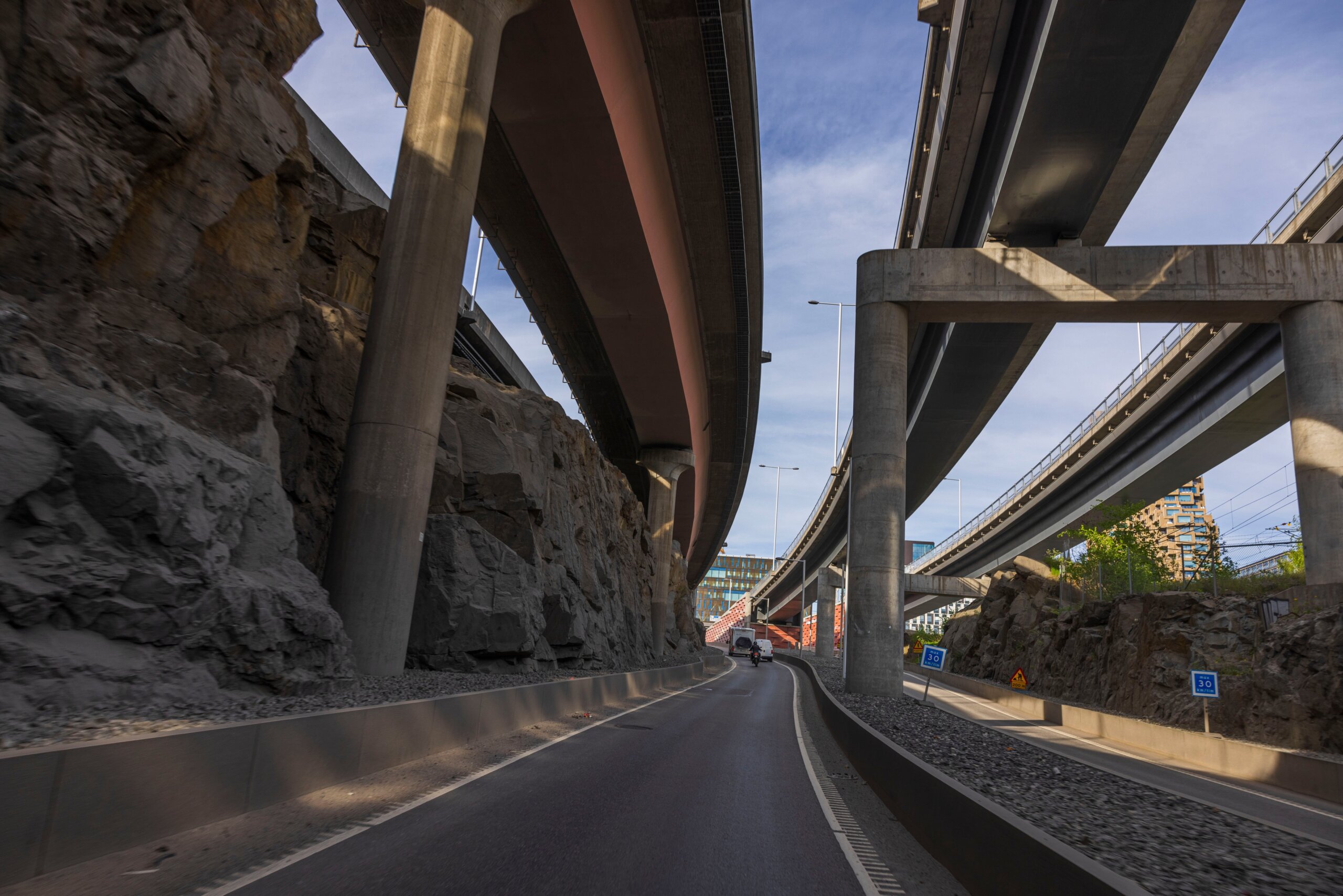 Beautiful view of road under bridge constructions. Modern technology concept. Stockholm. Sweden. Europe.
