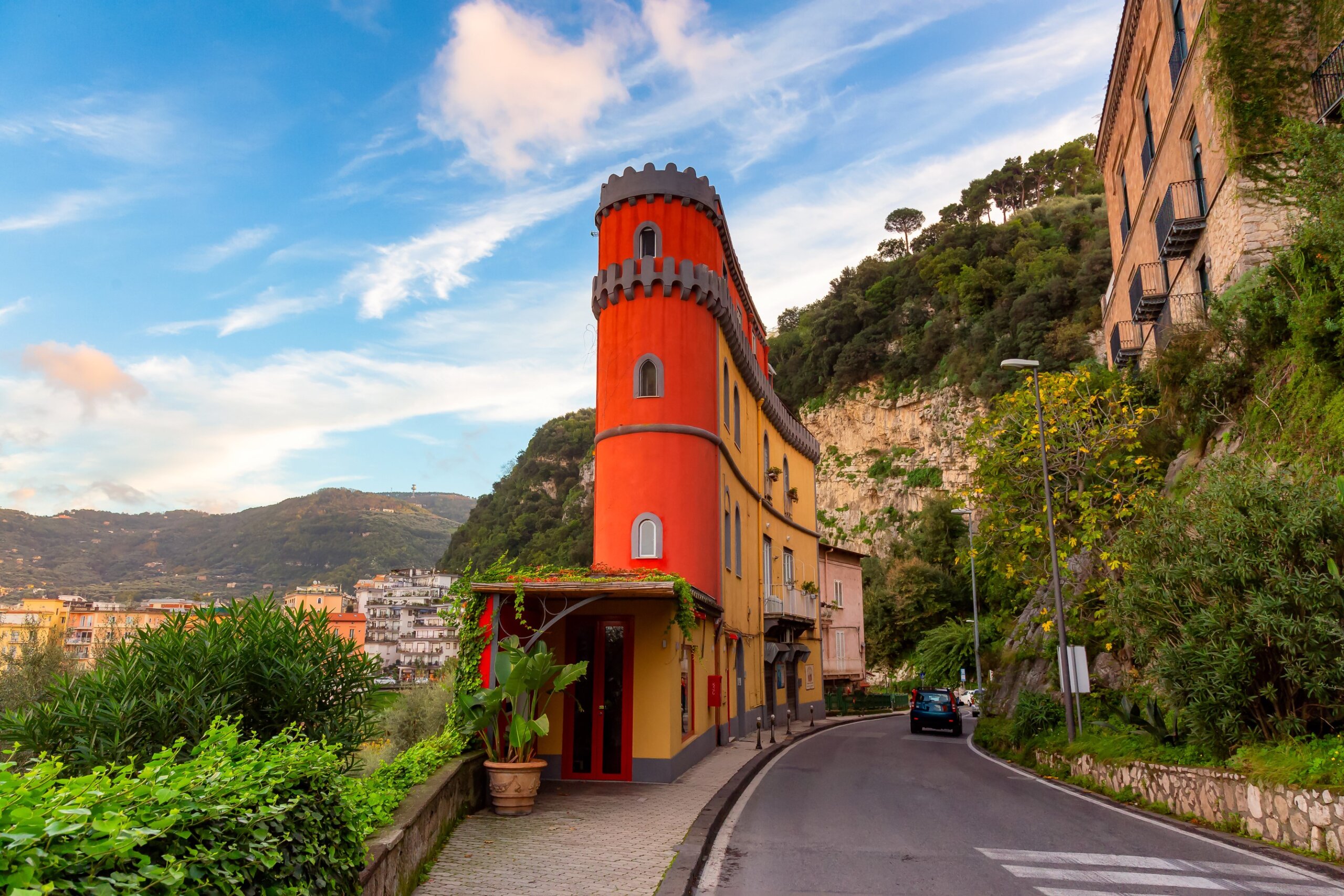 Streets in a touristic town, Sorrento, Italy. Cloudy Sunny Sunset Sky