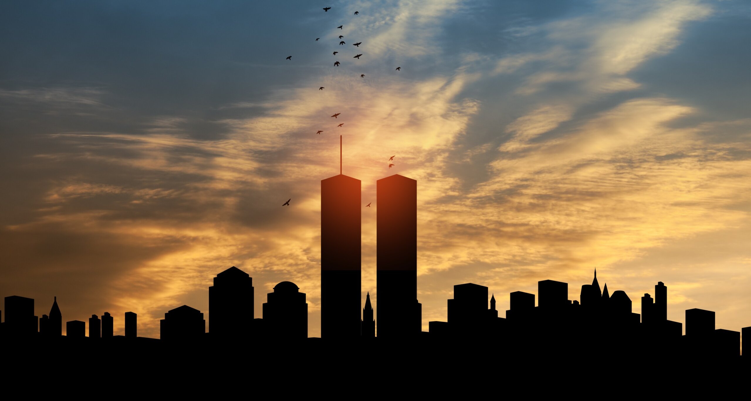 New York skyline silhouette with Twin Towers and birds flying up like souls at sunset. 09.11.2001 American Patriot Day banner.