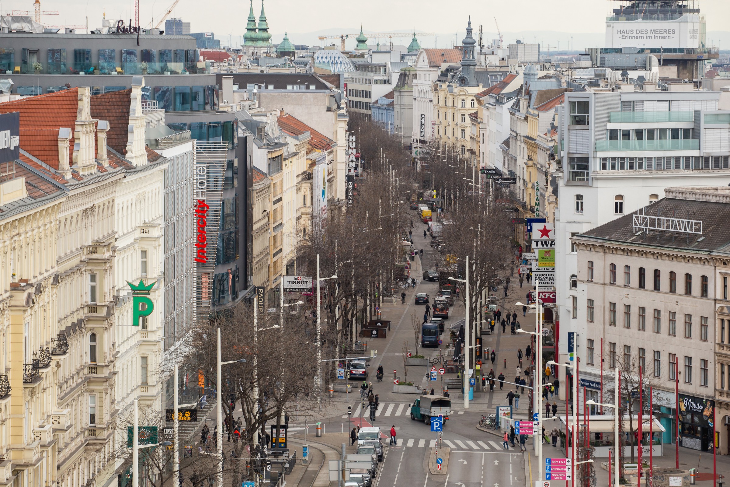 Top view of Mariahilfer Strasse - street of shops for walking and shopping