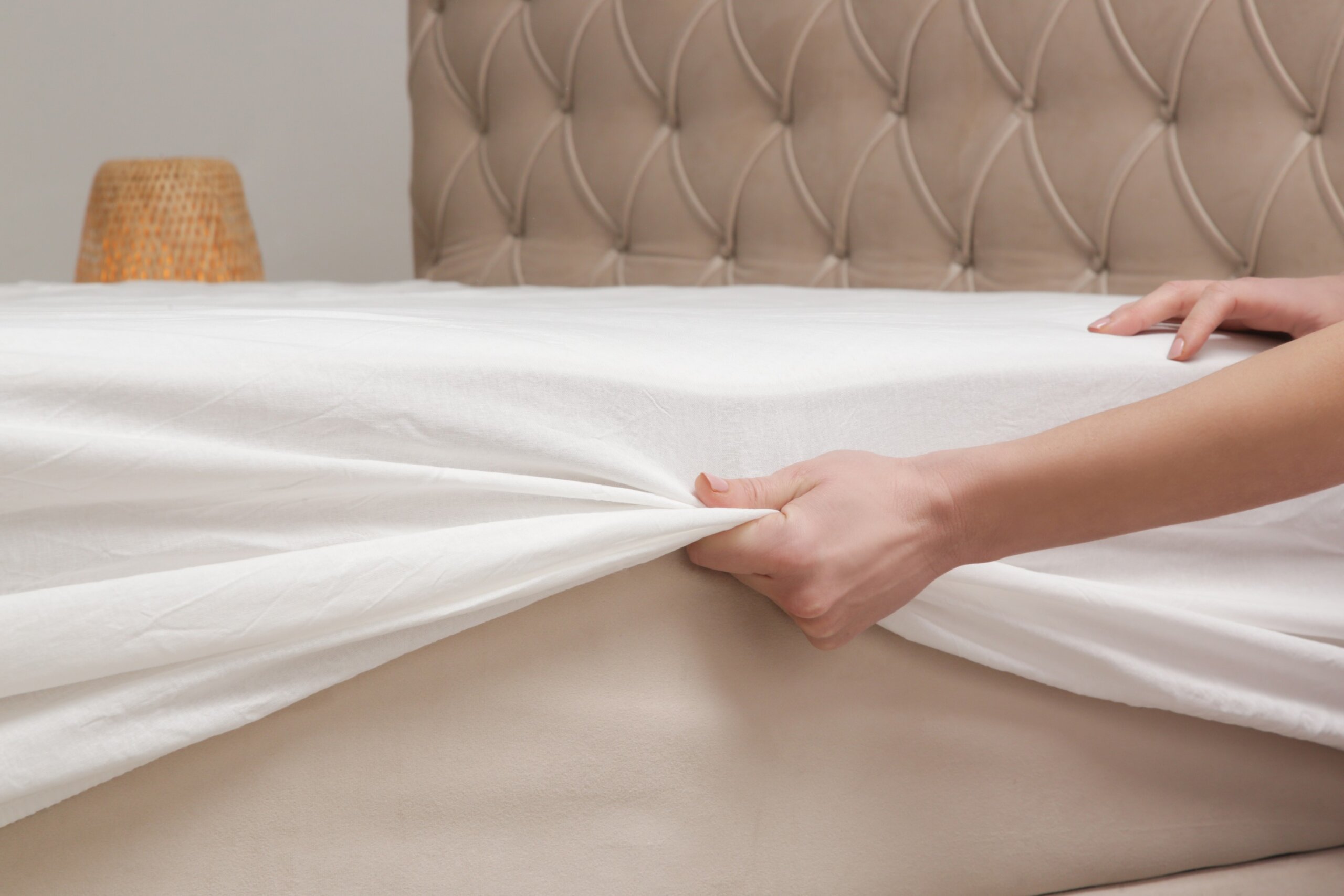 Changing bed sheets. Woman is putting on a fitted white cotton sheet on a mattress while making the bed.
