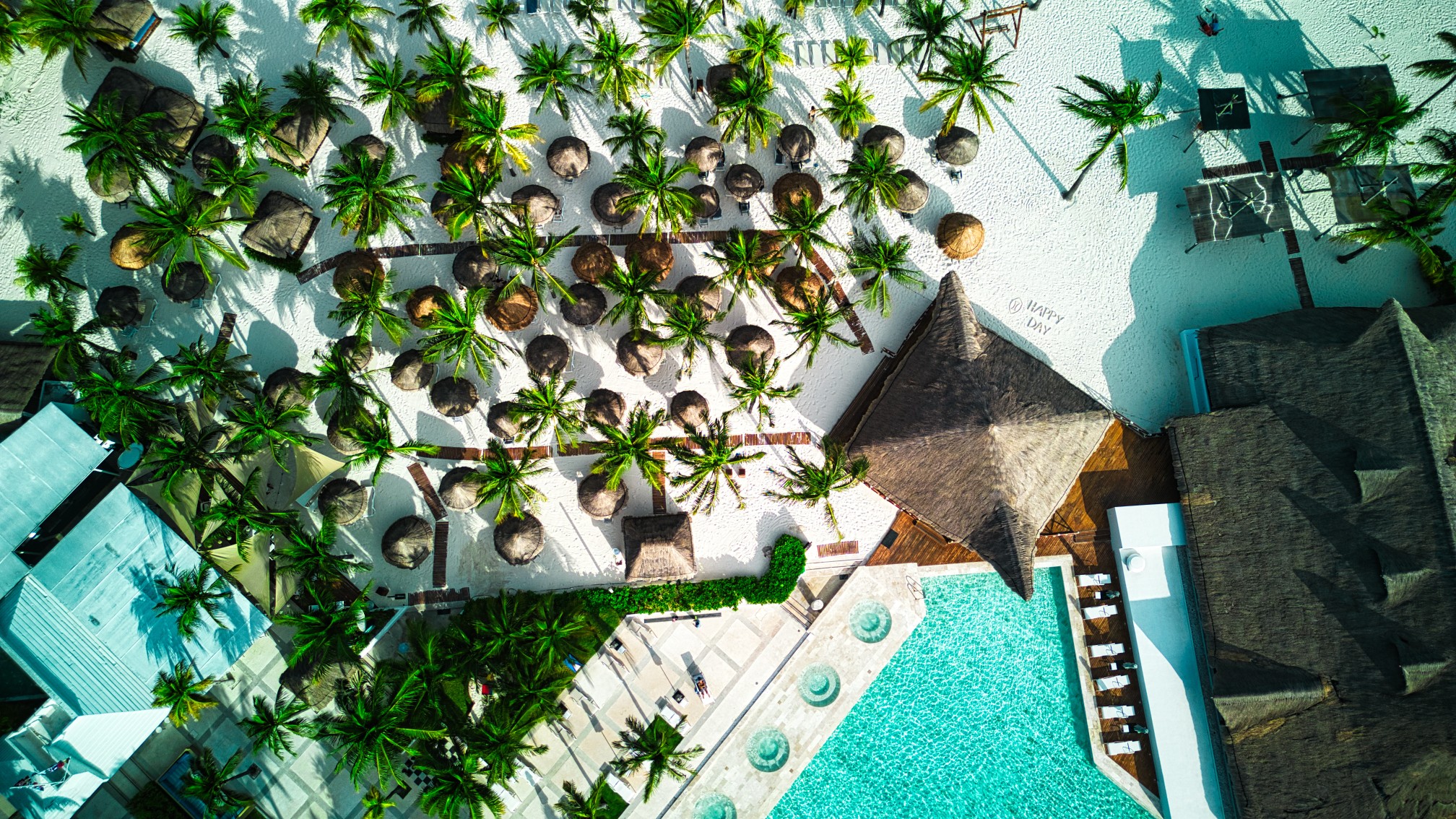 erial view of tropical all-inclusive resort with palm trees and swimming pool.