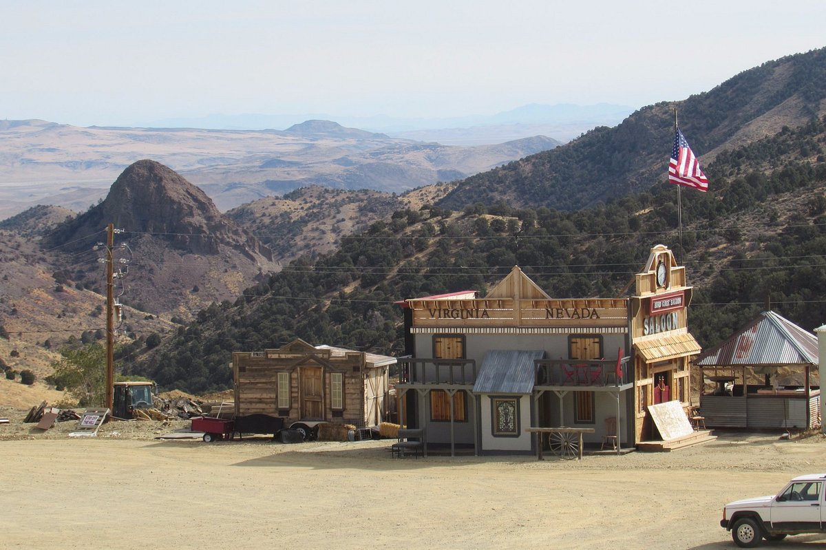 Historic Virginia City stop near the Virginia & Truckee Railway in Nevada, with Old West-style saloon and mountain backdrop.
